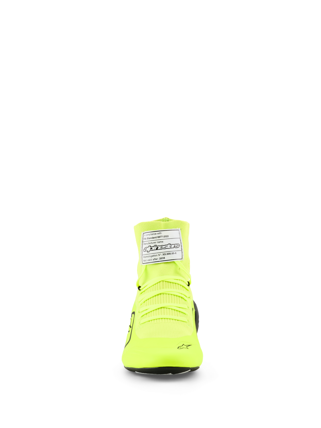 Zapatillas Alpinestars Supertech K, calzado de karting FIA, Amarillo Fluo Negro Blanco, vista frontal que muestra la construcción superior de punto, cordones amarillo neón y etiqueta de certificación FIA blanca en el tobillo