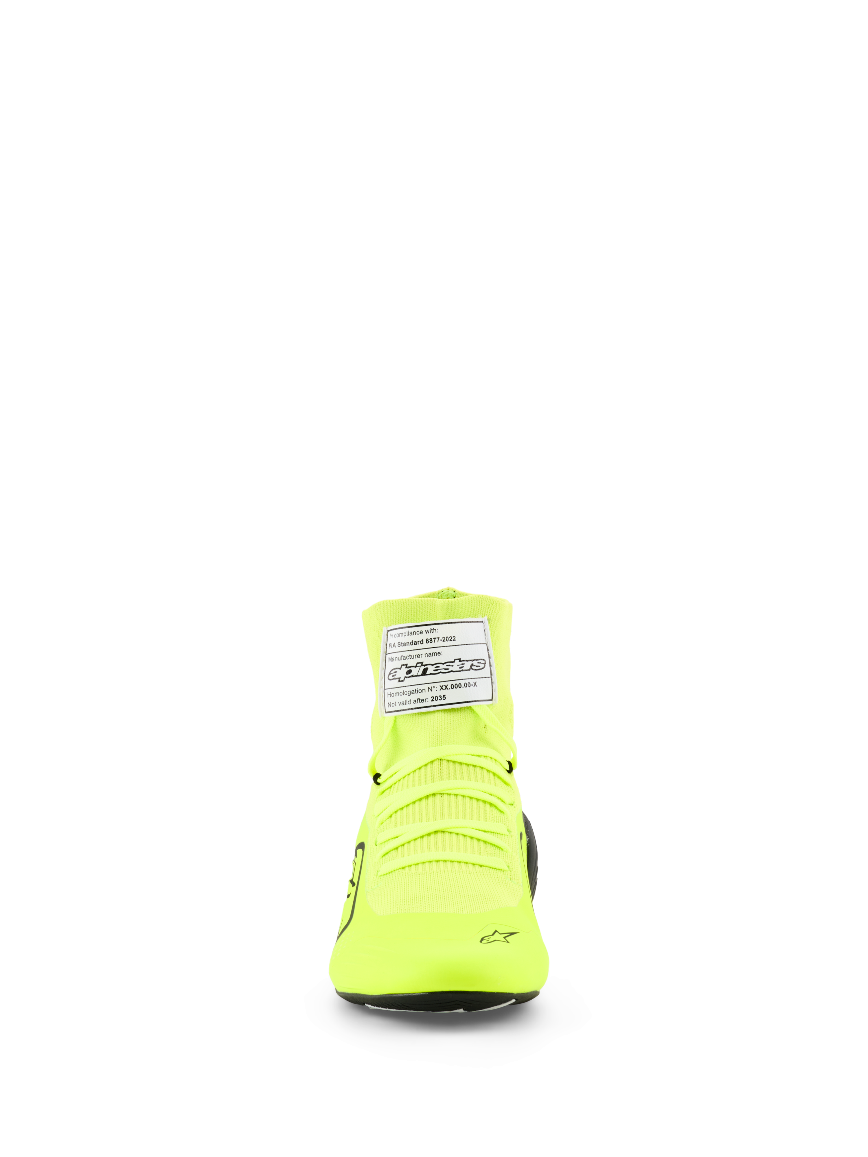 Zapatillas Alpinestars Supertech K, calzado de karting FIA, Amarillo Fluo Negro Blanco, vista frontal que muestra la construcción superior de punto, cordones amarillo neón y etiqueta de certificación FIA blanca en el tobillo