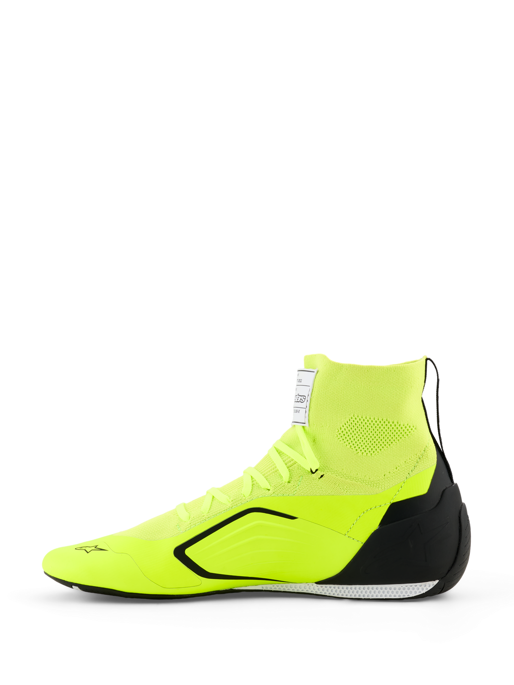 Zapatillas Alpinestars Supertech K - FIA, calzado de karting, amarillo flúor, negro y blanco, vista lateral con parte superior tejida y cuello tipo calcetín, contrafuerte de talón de TPU negro, suela fina blanca y negra, y logotipo de Alpinestars en la puntera y la lengüeta