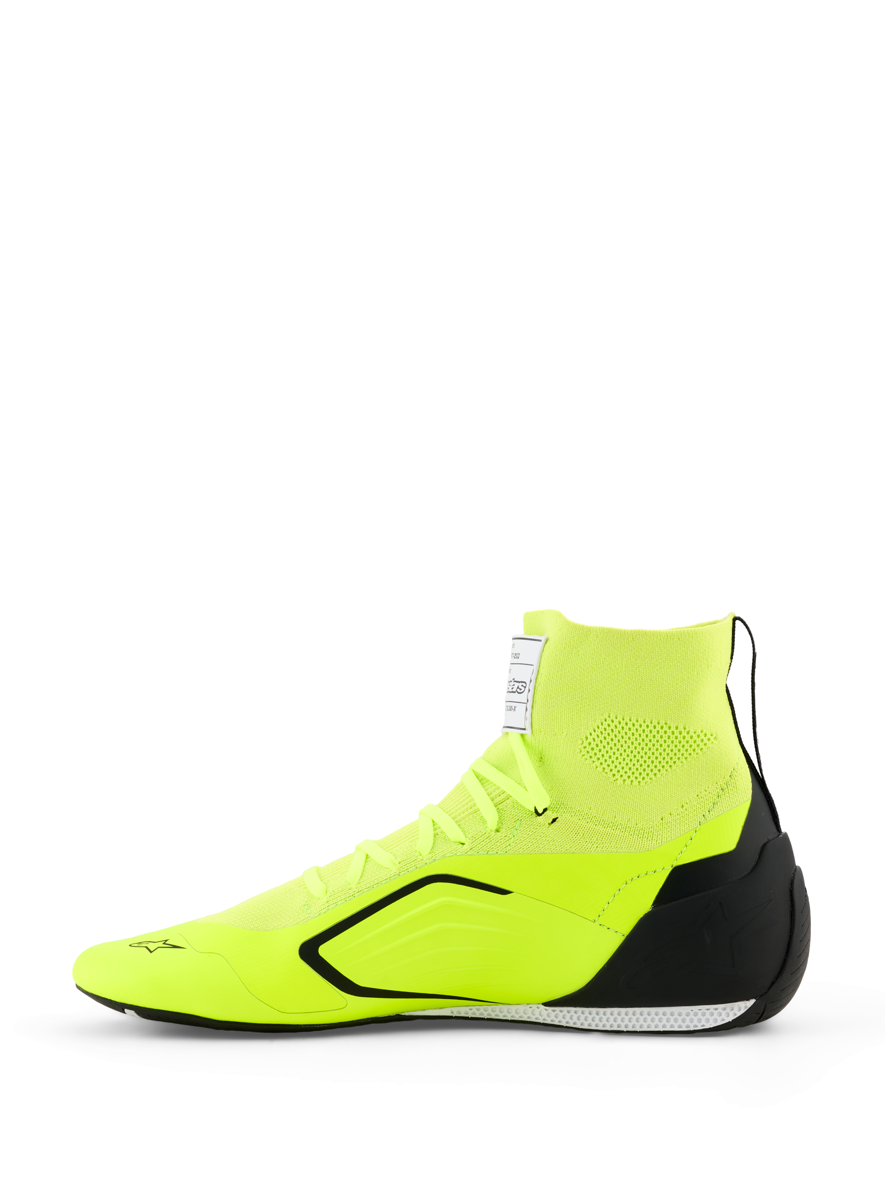 Zapatillas Alpinestars Supertech K - FIA, calzado de karting, amarillo flúor, negro y blanco, vista lateral con parte superior tejida y cuello tipo calcetín, contrafuerte de talón de TPU negro, suela fina blanca y negra, y logotipo de Alpinestars en la puntera y la lengüeta