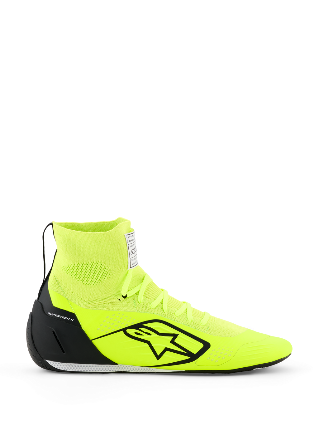 Zapatillas Alpinestars Supertech K - FIA, zapatillas de karting, amarillo fluo y negro, vista de perfil lateral, parte superior de punto con cuello de tobillo alto, contrafuerte de talón de TPU negro, logotipo grande de Alpinestars en negro, calzado de competición ligero