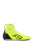 Zapatillas Alpinestars Supertech K - FIA, zapatillas de karting, amarillo fluo y negro, vista de perfil lateral, parte superior de punto con cuello de tobillo alto, contrafuerte de talón de TPU negro, logotipo grande de Alpinestars en negro, calzado de competición ligero