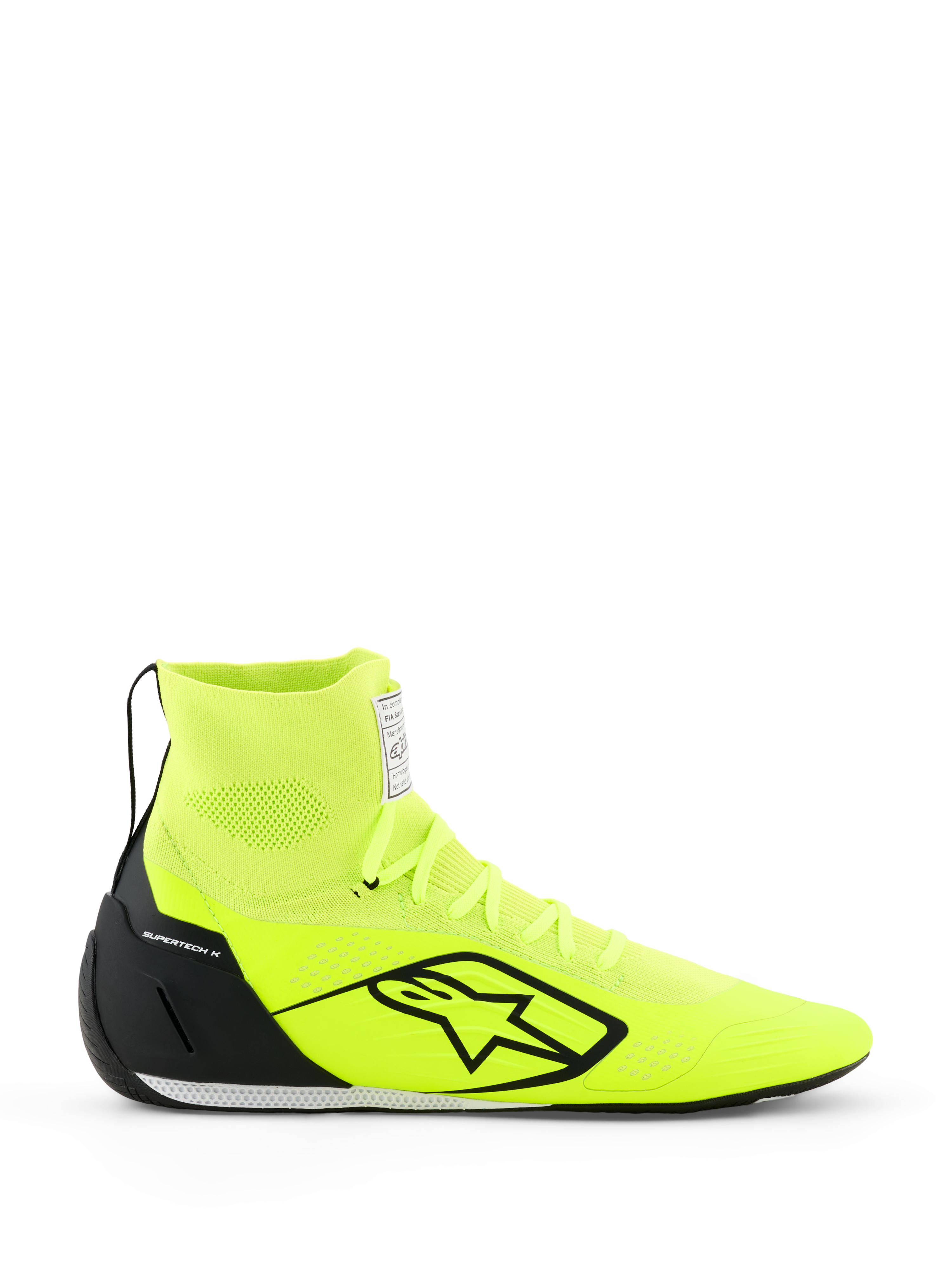 Zapatillas Alpinestars Supertech K - FIA, zapatillas de karting, amarillo fluo y negro, vista de perfil lateral, parte superior de punto con cuello de tobillo alto, contrafuerte de talón de TPU negro, logotipo grande de Alpinestars en negro, calzado de competición ligero