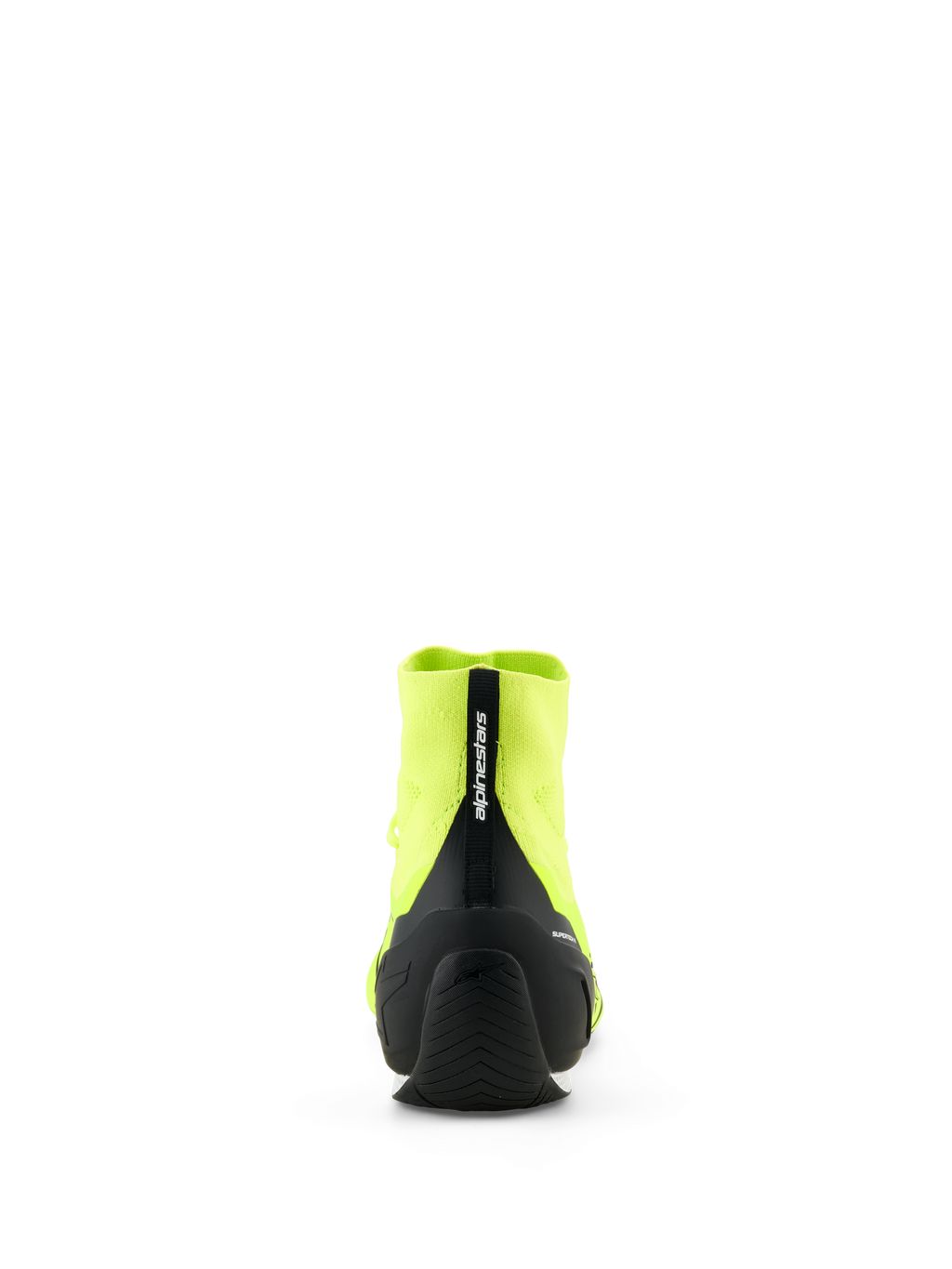 Alpinestars Supertech K Shoes - FIA, calzado de competición para karting, amarillo flúor y negro, vista trasera que muestra el contrafuerte del talón de TPU inyectado negro y el tirador con la marca Alpinestars, construcción superior de punto y suela exterior de goma fina diseñada para el rendimiento en carreras.