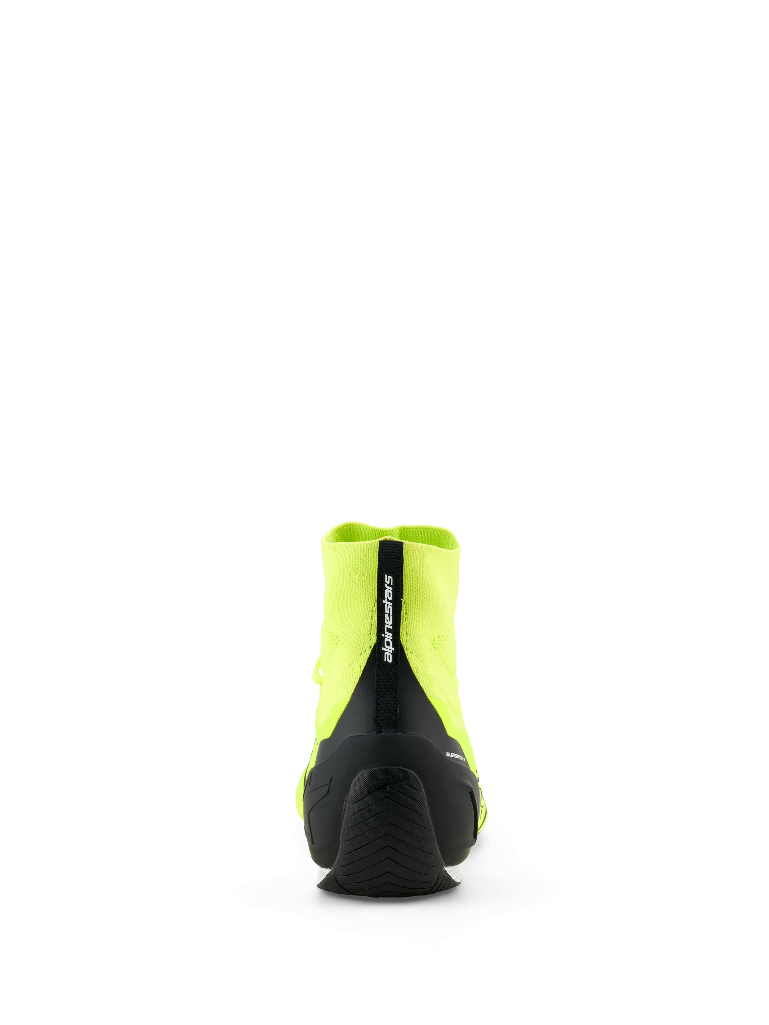 Alpinestars Supertech K Shoes - FIA, calzado de competición para karting, amarillo flúor y negro, vista trasera que muestra el contrafuerte del talón de TPU inyectado negro y el tirador con la marca Alpinestars, construcción superior de punto y suela exterior de goma fina diseñada para el rendimiento en carreras.
