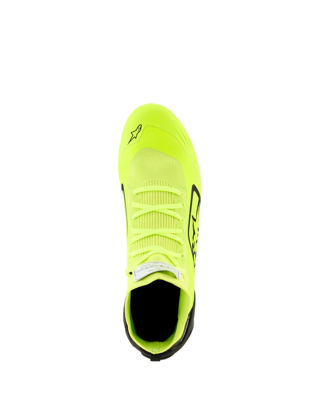 Zapatos Alpinestars Supertech K - FIA, zapatos de karting, amarillo flúor, negro y blanco, vista desde arriba que presenta una parte superior totalmente tejida, cuerpo amarillo fluorescente con acentos negros en el talón y laterales, perfil aerodinámico para carreras de precisión