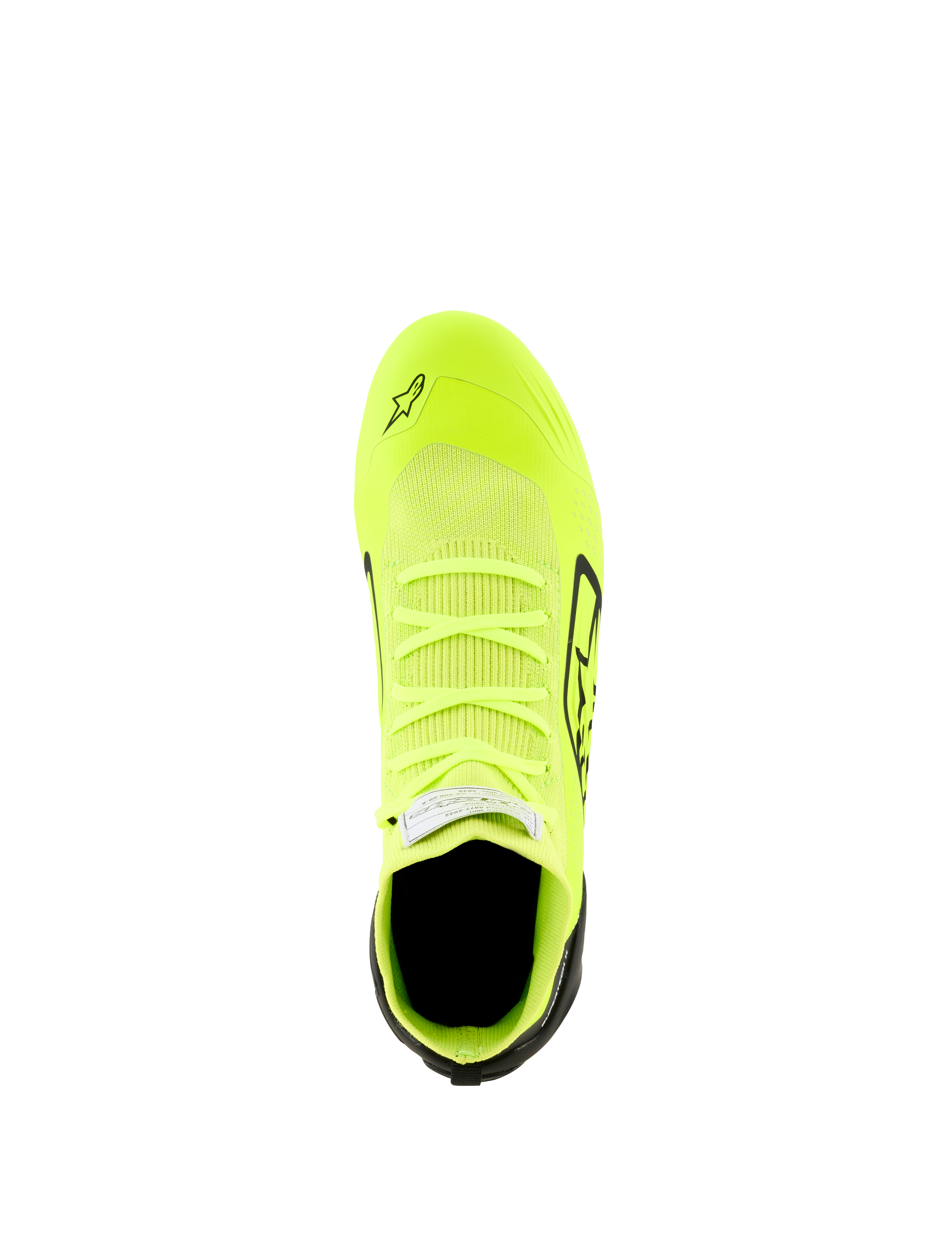 Zapatos Alpinestars Supertech K - FIA, zapatos de karting, amarillo flúor, negro y blanco, vista desde arriba que presenta una parte superior totalmente tejida, cuerpo amarillo fluorescente con acentos negros en el talón y laterales, perfil aerodinámico para carreras de precisión