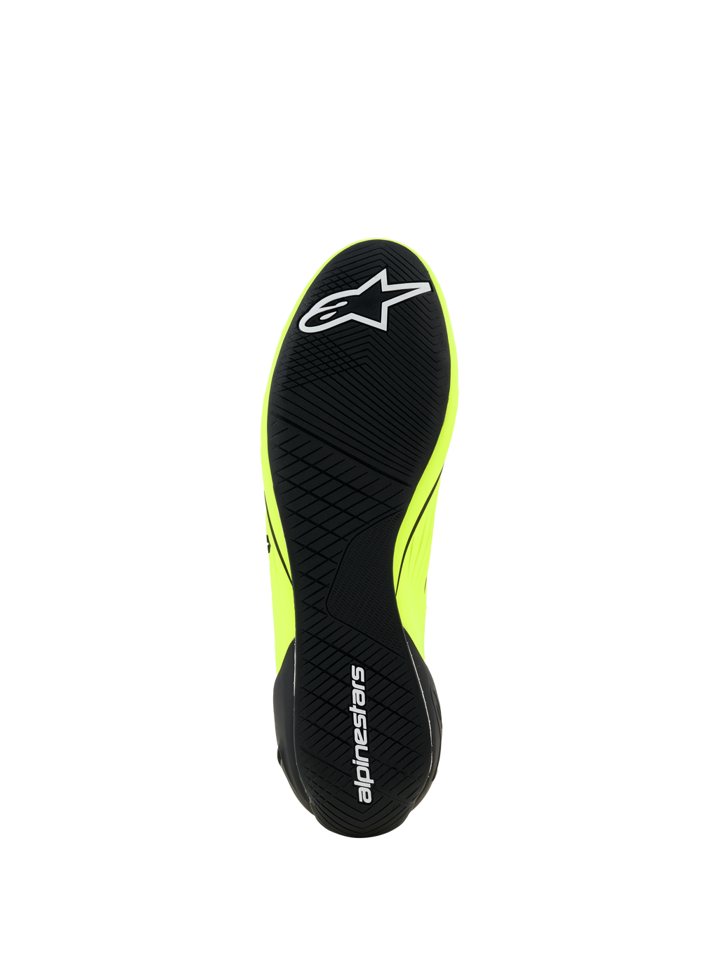 Alpinestars Supertech K Shoes - FIA, zapatos de karting, amarillo flúor, negro y blanco, vista de la suela con dibujo asimétrico negro, logotipo de estrella blanca en la parte delantera y texto alpinestars en el talón, suela de goma fina para sensibilidad con los pedales.
