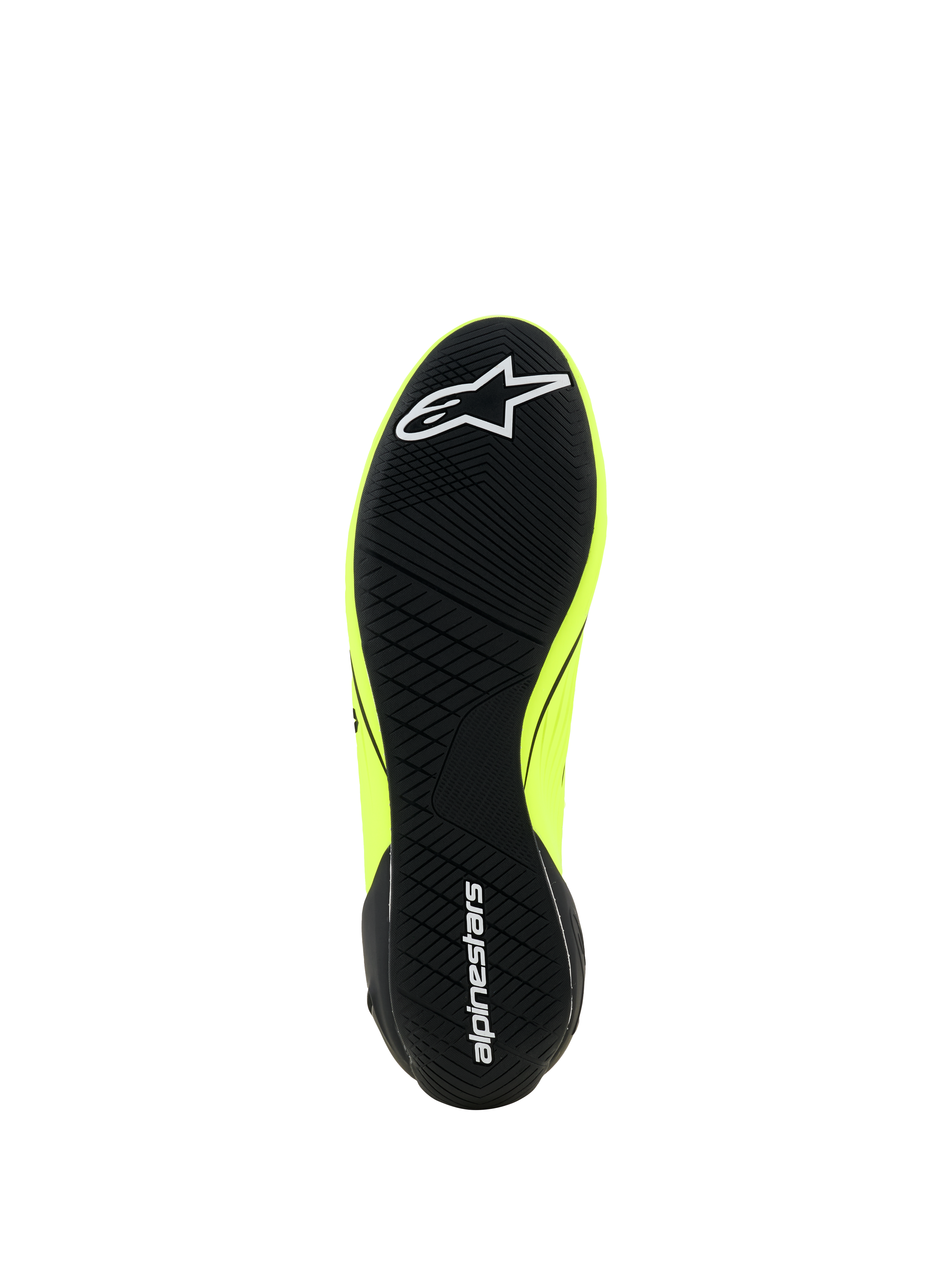 Alpinestars Supertech K Shoes - FIA, zapatos de karting, amarillo flúor, negro y blanco, vista de la suela con dibujo asimétrico negro, logotipo de estrella blanca en la parte delantera y texto alpinestars en el talón, suela de goma fina para sensibilidad con los pedales.