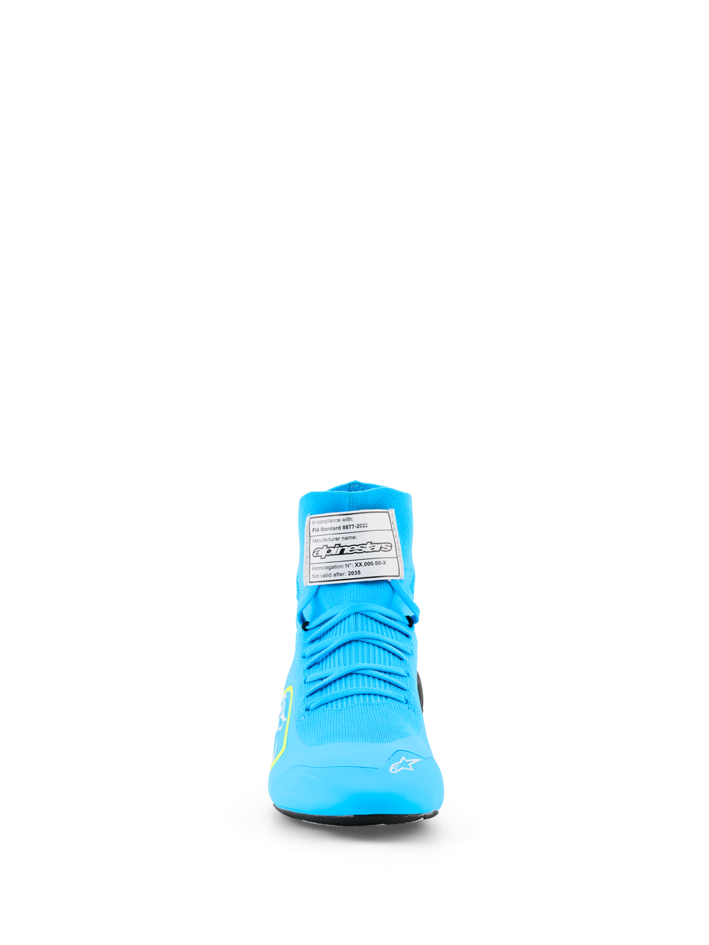 Alpinestars Supertech K Shoes - FIA, calzado de karting, azul claro y amarillo flúor, vista frontal con parte superior totalmente tejida, etiqueta de certificación FIA blanca en la lengüeta y logotipo de estrella blanca en la puntera