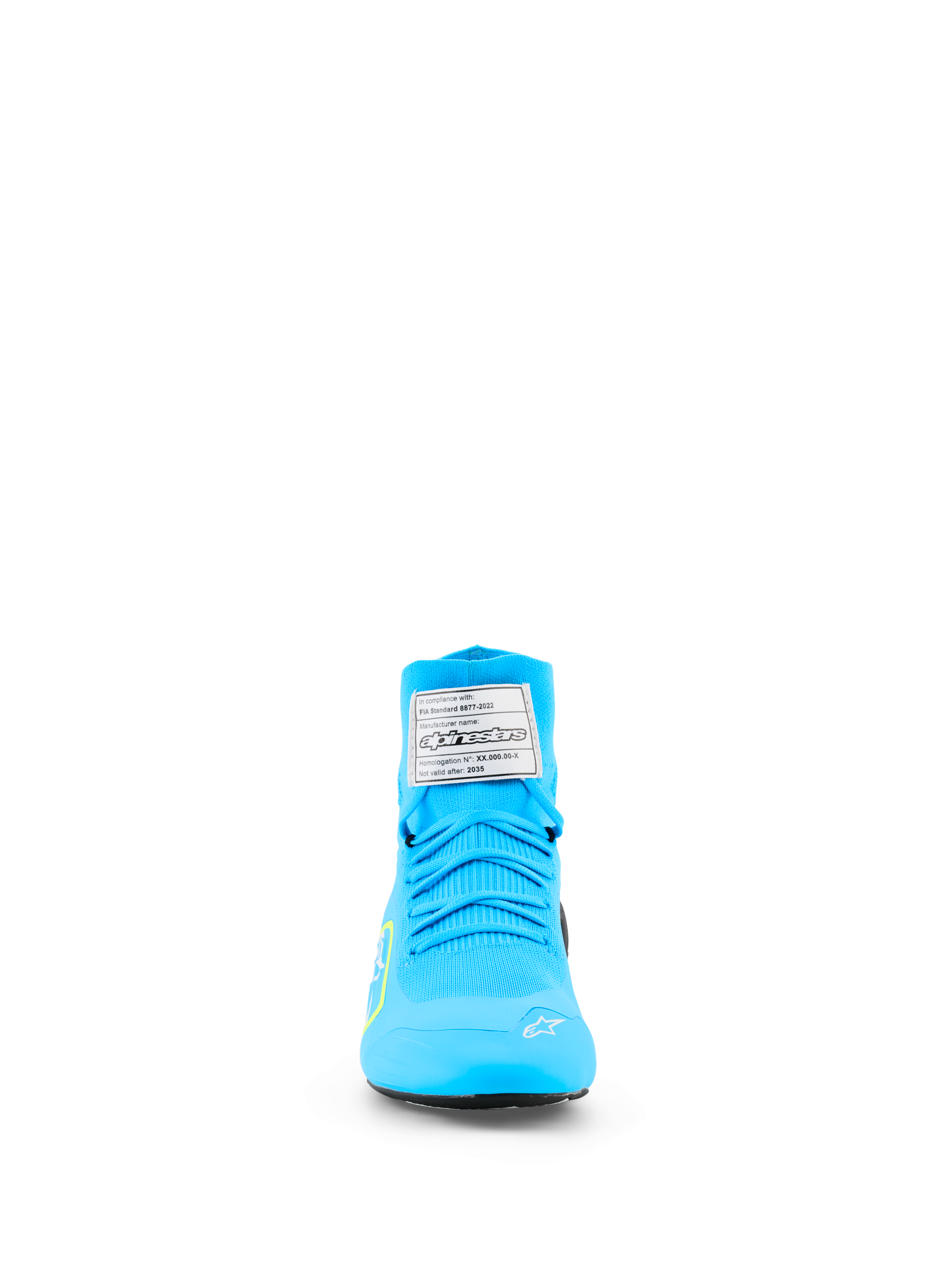 Alpinestars Supertech K Shoes - FIA, calzado de karting, azul claro y amarillo flúor, vista frontal con parte superior totalmente tejida, etiqueta de certificación FIA blanca en la lengüeta y logotipo de estrella blanca en la puntera