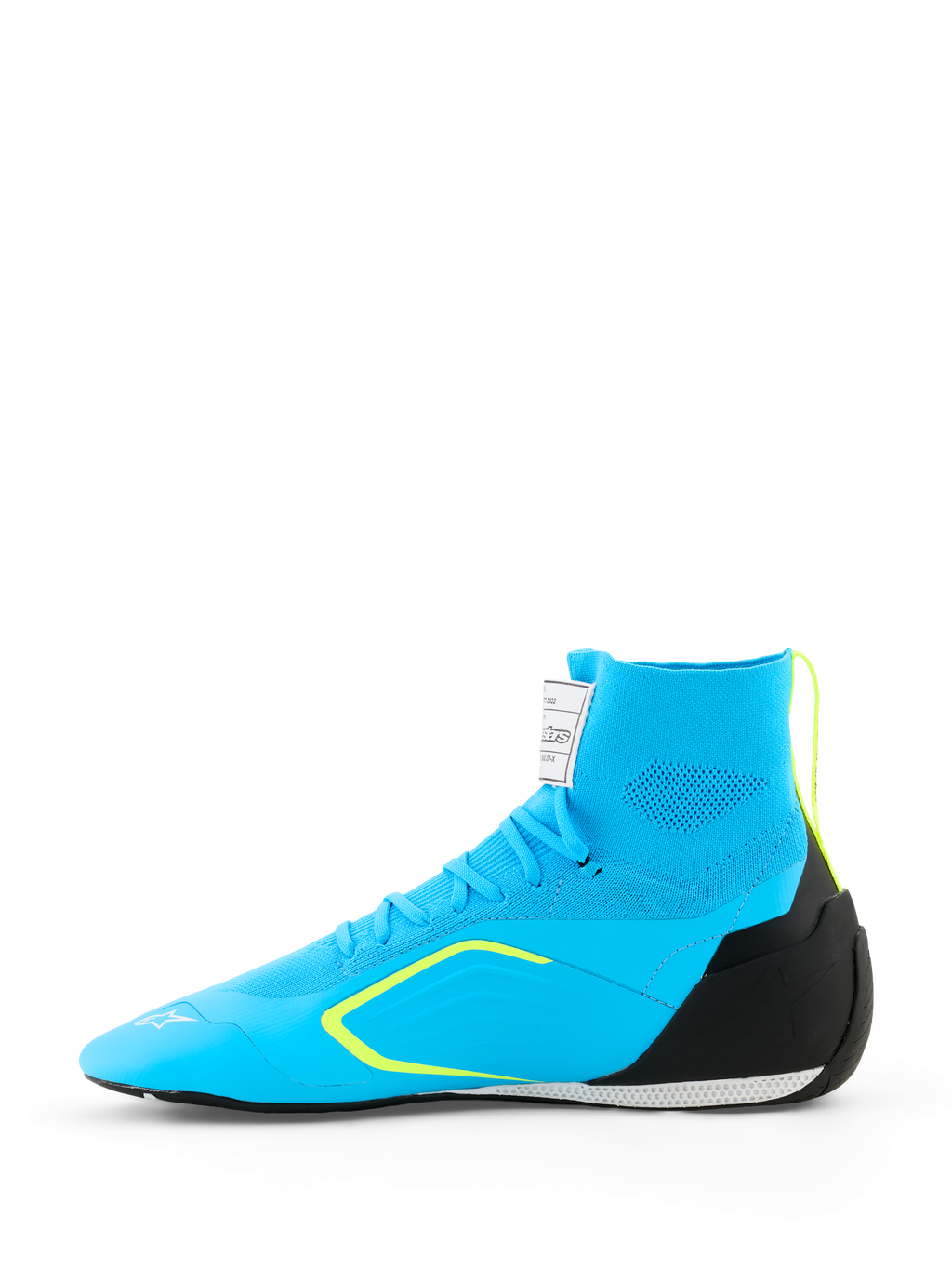 Alpinestars Supertech K Shoes - FIA, zapatillas de karting, azul claro con detalles en negro y amarillo flúor, vista lateral con construcción superior de punto, contrafuerte de talón de TPU y suela de carreras fina