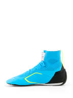 Alpinestars Supertech K Shoes - FIA, zapatillas de karting, azul claro con detalles en negro y amarillo flúor, vista lateral con construcción superior de punto, contrafuerte de talón de TPU y suela de carreras fina