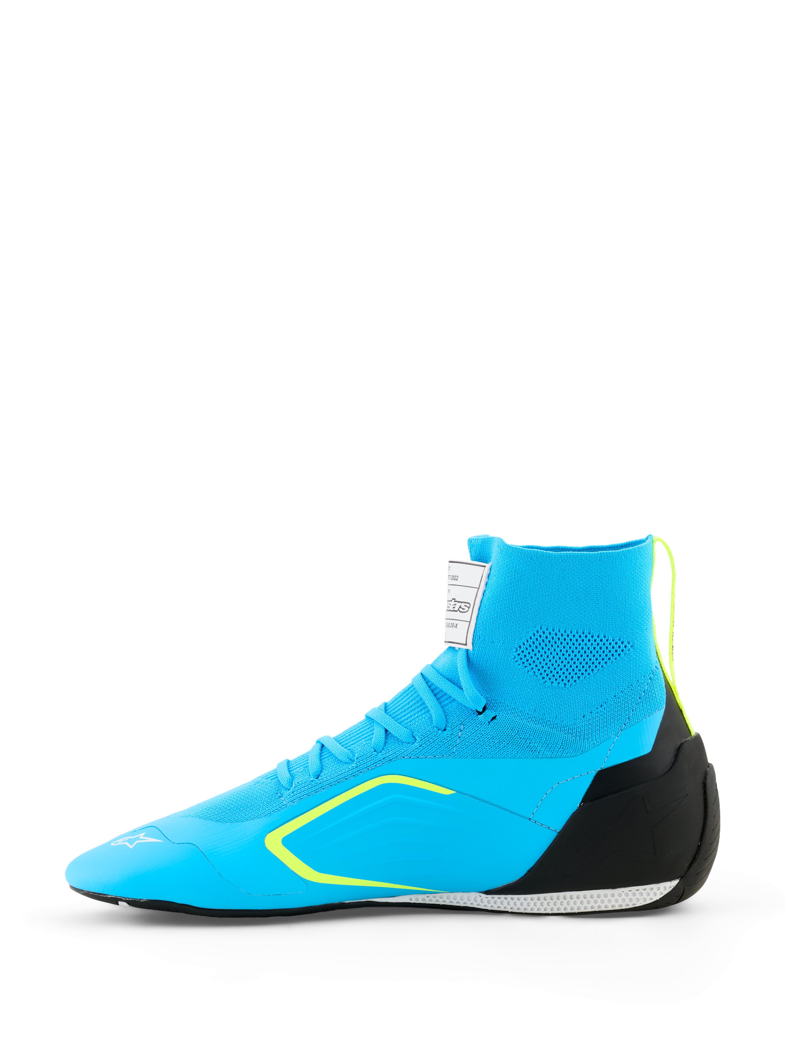 Alpinestars Supertech K Shoes - FIA, zapatillas de karting, azul claro con detalles en negro y amarillo flúor, vista lateral con construcción superior de punto, contrafuerte de talón de TPU y suela de carreras fina