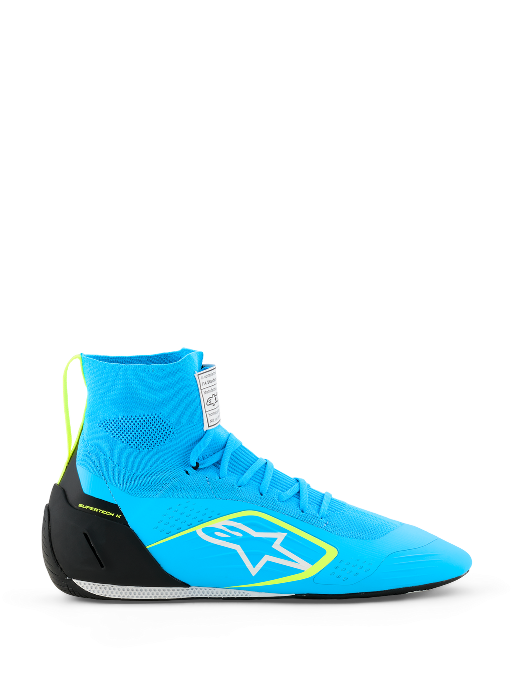 Alpinestars Supertech K Shoes FIA, zapatos de carreras para karting, azul claro con detalles en negro y amarillo flúor, diseño de caña alta con parte superior de punto, logotipo de estrella blanca, calzado profesional de competición
