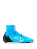 Alpinestars Supertech K Shoes FIA, zapatos de carreras para karting, azul claro con detalles en negro y amarillo flúor, diseño de caña alta con parte superior de punto, logotipo de estrella blanca, calzado profesional de competición
