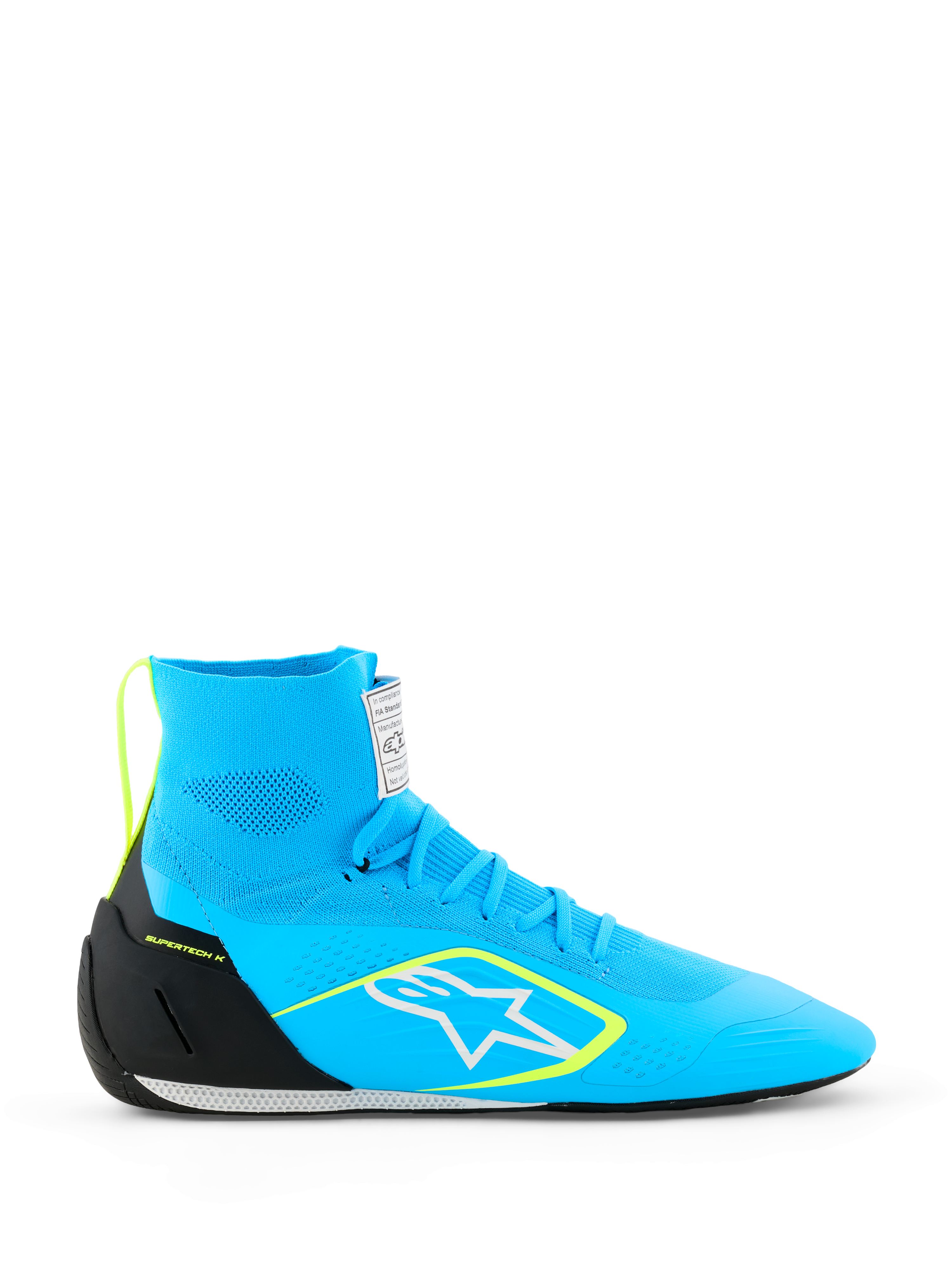 Alpinestars Supertech K Shoes FIA, zapatos de carreras para karting, azul claro con detalles en negro y amarillo flúor, diseño de caña alta con parte superior de punto, logotipo de estrella blanca, calzado profesional de competición