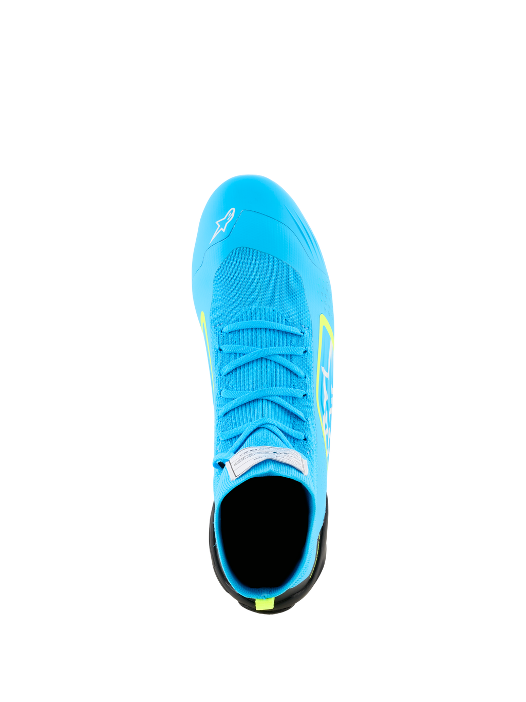 Alpinestars Supertech K Shoes - FIA, calzado de karting, azul claro con detalles en amarillo flúor, vista desde arriba que muestra la parte superior totalmente tejida, cordones azules a juego y etiqueta de certificación FIA en la lengüeta.