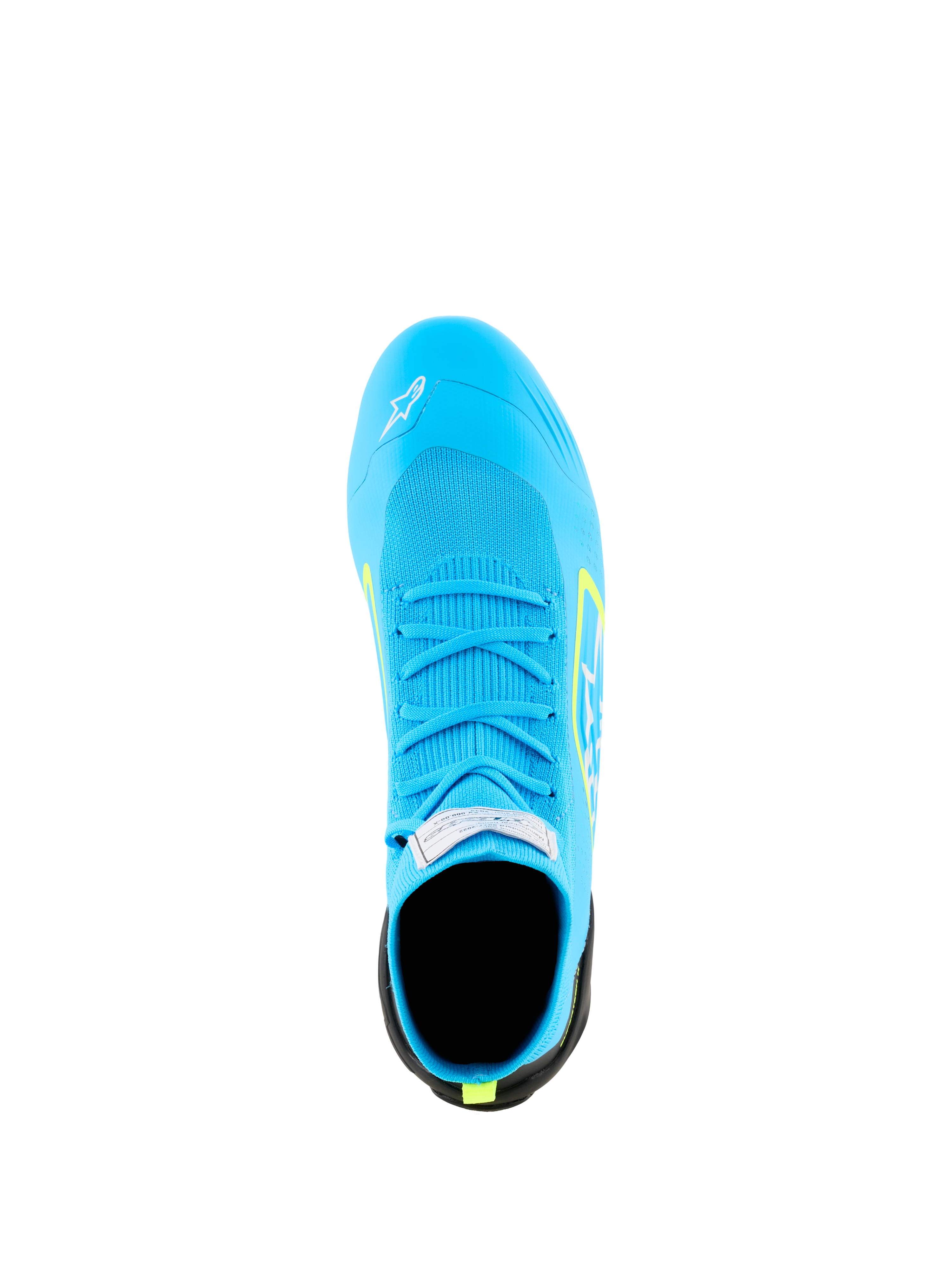 Alpinestars Supertech K Shoes - FIA, calzado de karting, azul claro con detalles en amarillo flúor, vista desde arriba que muestra la parte superior totalmente tejida, cordones azules a juego y etiqueta de certificación FIA en la lengüeta.