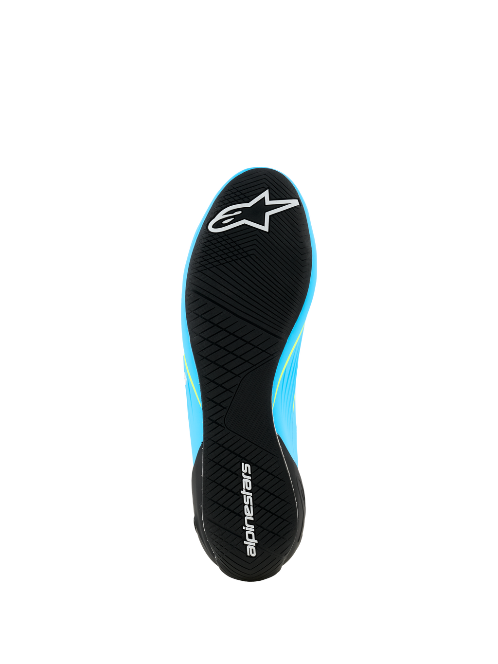 Zapatos Alpinestars Supertech K - FIA, calzado de karting, azul claro y negro con detalles en amarillo flúor, vista inferior de la suela de goma ultrafina con dibujo asimétrico y logotipo de Alpinestars
