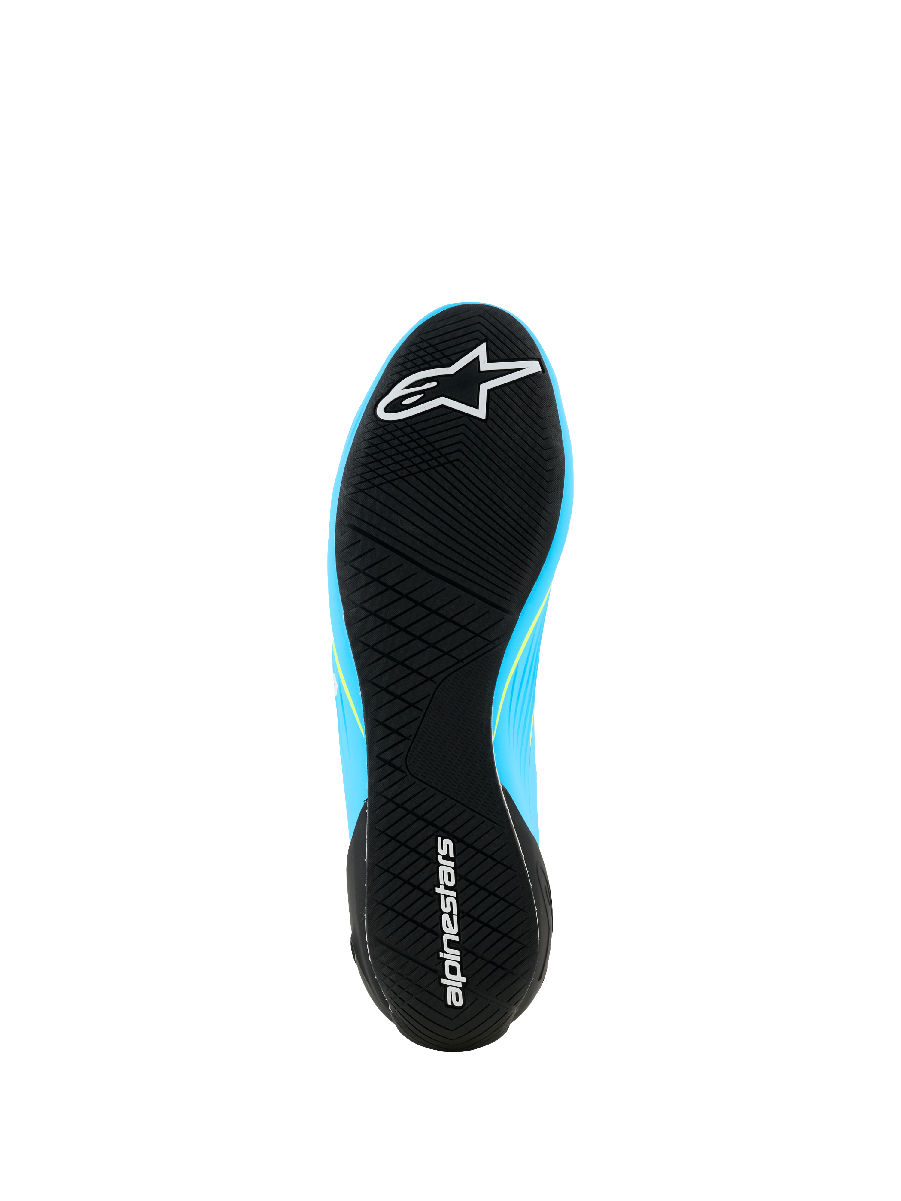 Zapatos Alpinestars Supertech K - FIA, calzado de karting, azul claro y negro con detalles en amarillo flúor, vista inferior de la suela de goma ultrafina con dibujo asimétrico y logotipo de Alpinestars