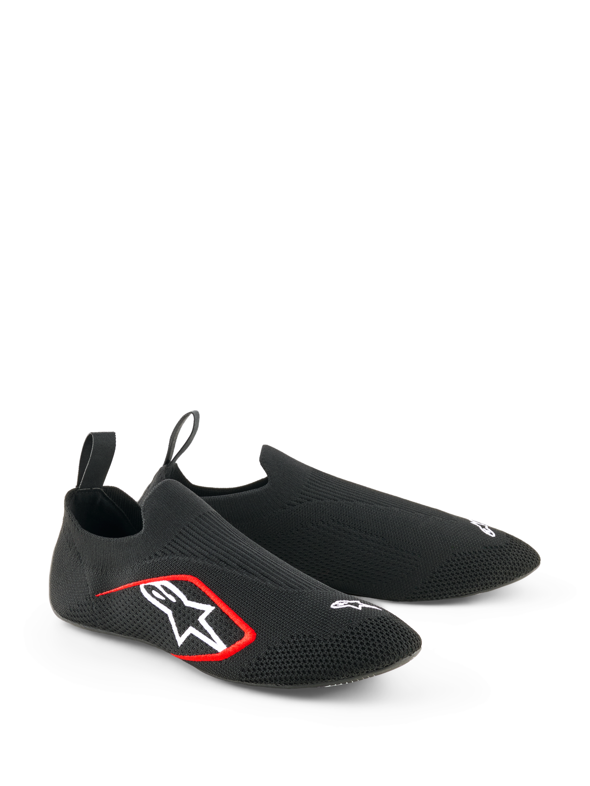 Alpinestars Tech Gaming Shoes, Sim-Racing Footwear, Black, featuring a seamless knitted stretch upper, white embroidered logo with red accents, low-profile sock-like design with rear pull tabs, optimized for pedal sensitivity