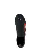 Alpinestars Tech Gaming Shoes, Sim Racing Footwear, Black, top-down view, seamless knitted stretch upper with white Astar logo on toe, red-bordered logo on the side, lightweight sock-like design