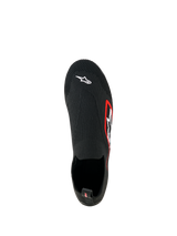 Alpinestars Tech Gaming Shoes, Sim Racing Footwear, Black, top-down view, seamless knitted stretch upper with white Astar logo on toe, red-bordered logo on the side, lightweight sock-like design