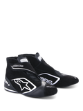 Alpinestars SP+ Shoes N, calzado para automovilismo, negro y blanco, con un gran logotipo de estrella blanca, diseño de caña alta con correa en el tobillo, confección en ante y cuero, y suela fina de alto rendimiento