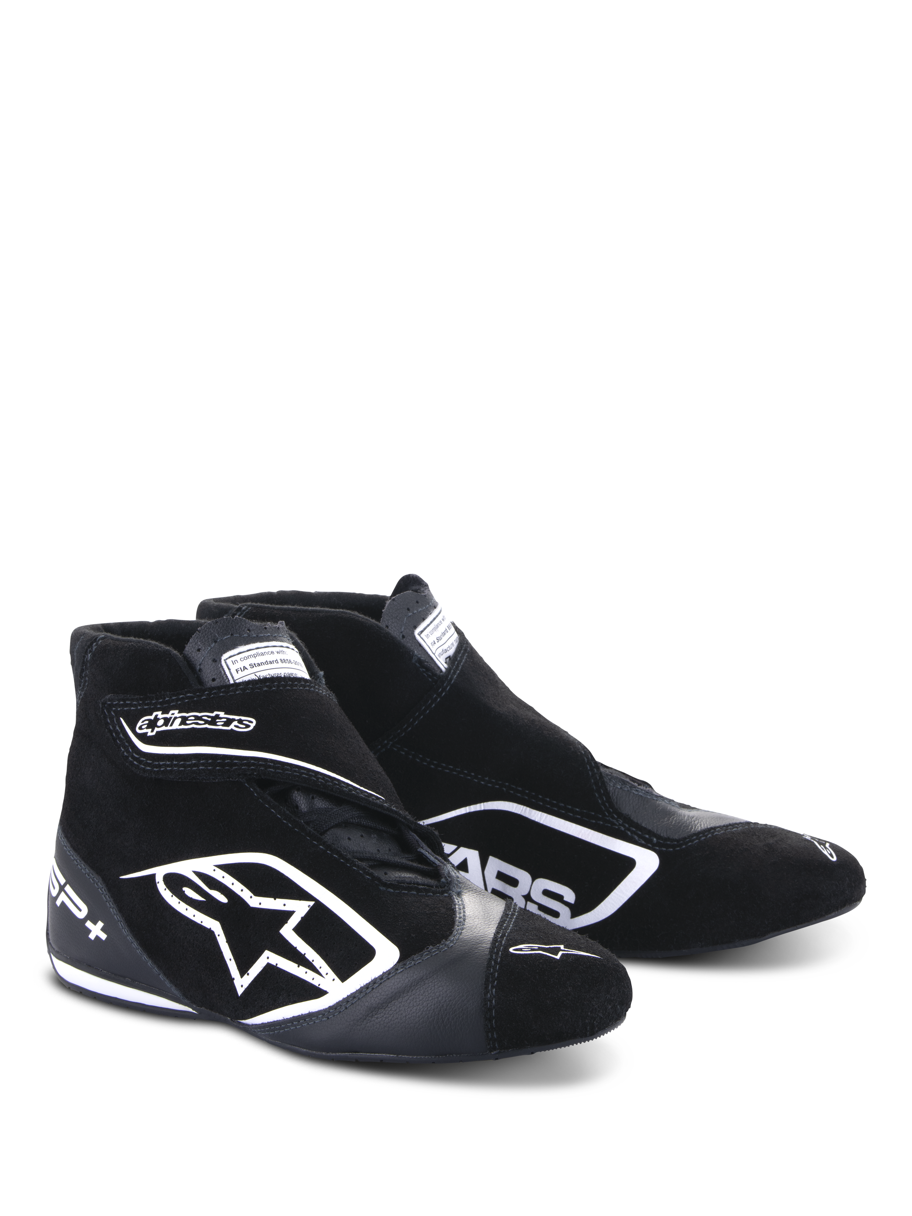 Alpinestars SP+ Shoes N, calzado para automovilismo, negro y blanco, con un gran logotipo de estrella blanca, diseño de caña alta con correa en el tobillo, confección en ante y cuero, y suela fina de alto rendimiento