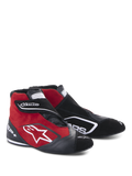 Alpinestars SP+ Shoes, zapatillas de carreras de caña alta, negro y rojo, con construcción de ante y cuero, logotipo de estrella blanca en el lateral, correa ajustable de gancho y bucle, calzado profesional de automovilismo con soporte para el tobillo