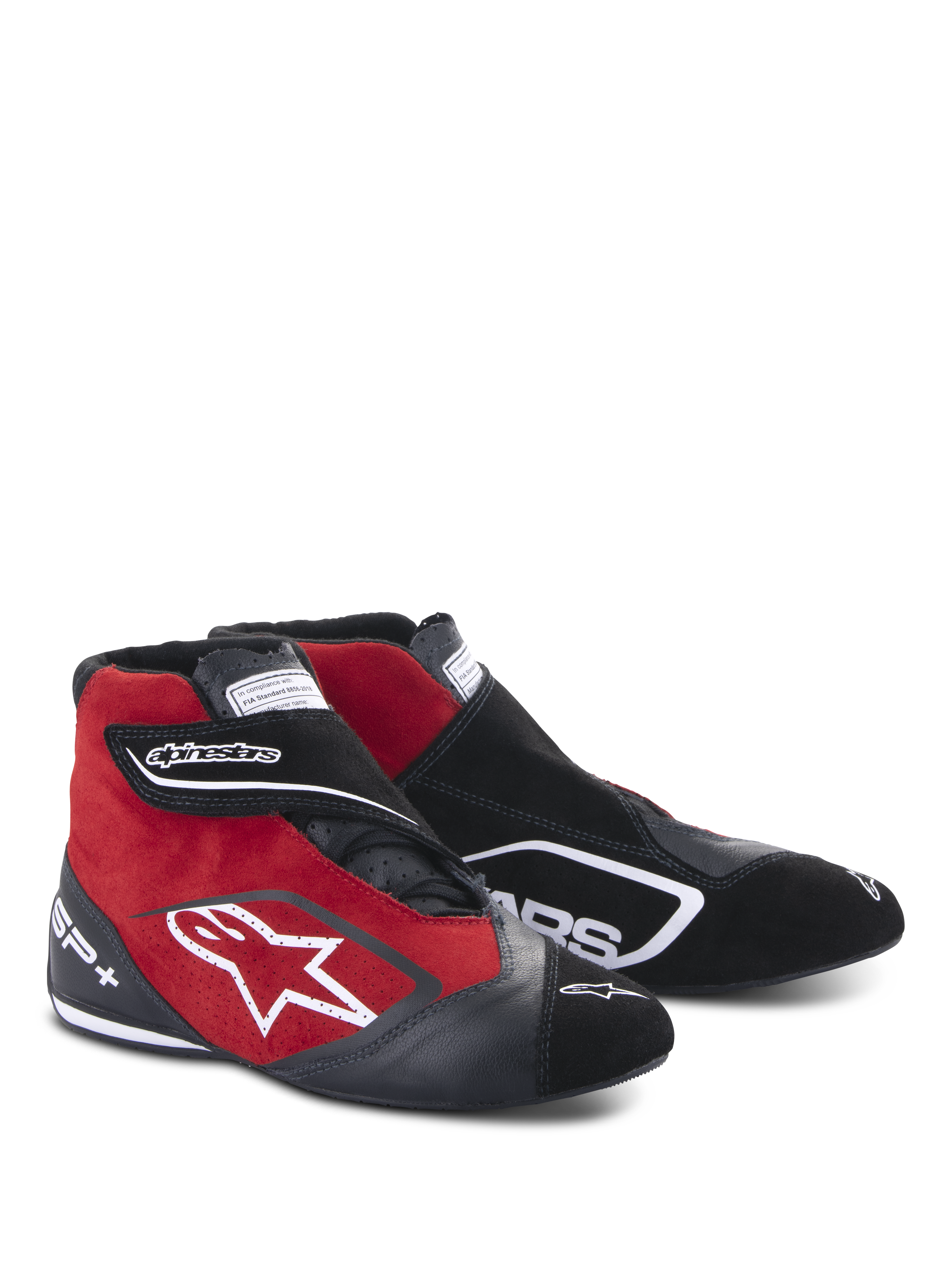 Alpinestars SP+ Shoes, zapatillas de carreras de caña alta, negro y rojo, con construcción de ante y cuero, logotipo de estrella blanca en el lateral, correa ajustable de gancho y bucle, calzado profesional de automovilismo con soporte para el tobillo