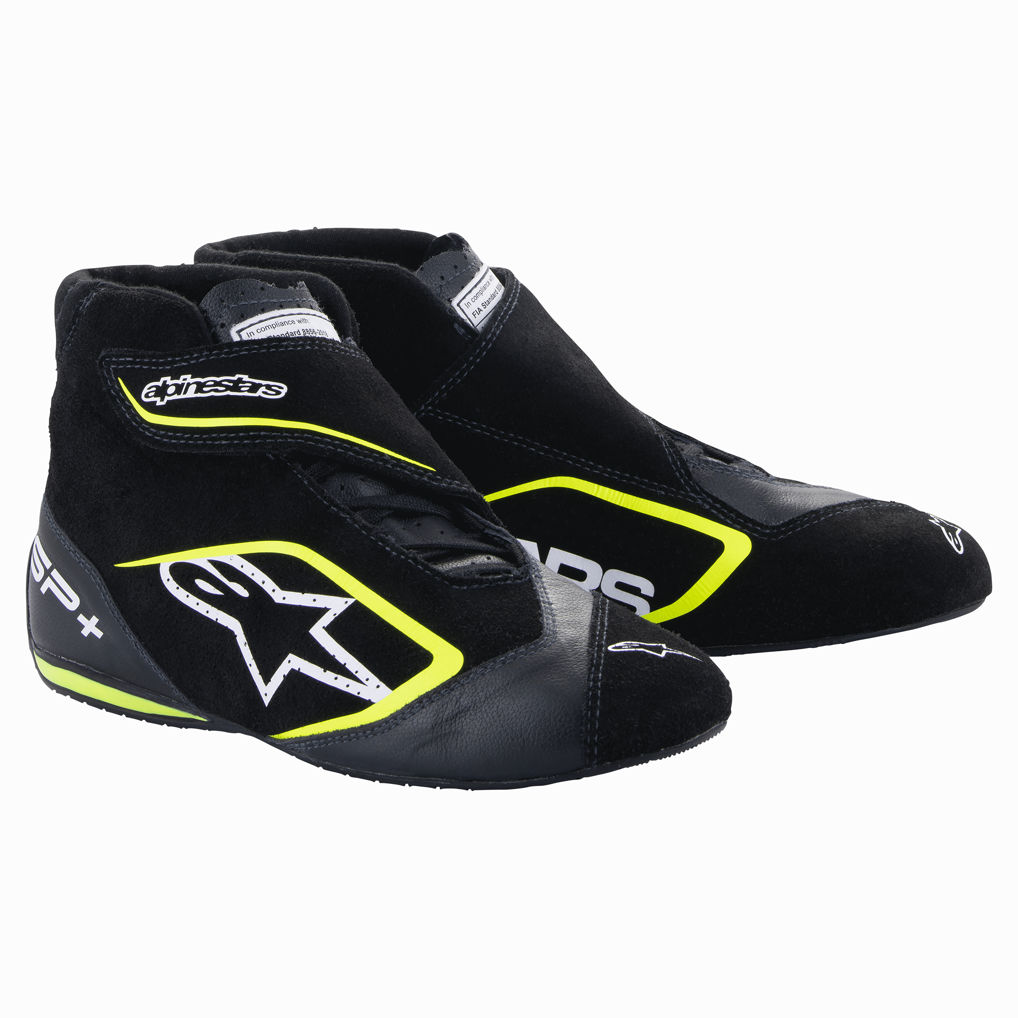 Alpinestars SP+ Shoes, zapatillas de automovilismo, negro y amarillo flúor, diseño de caña alta con logo de estrella blanca y detalles en amarillo neón, construcción en cuero y gamuza, suelas delgadas de goma inspiradas en la F1, estética deportiva de automovilismo