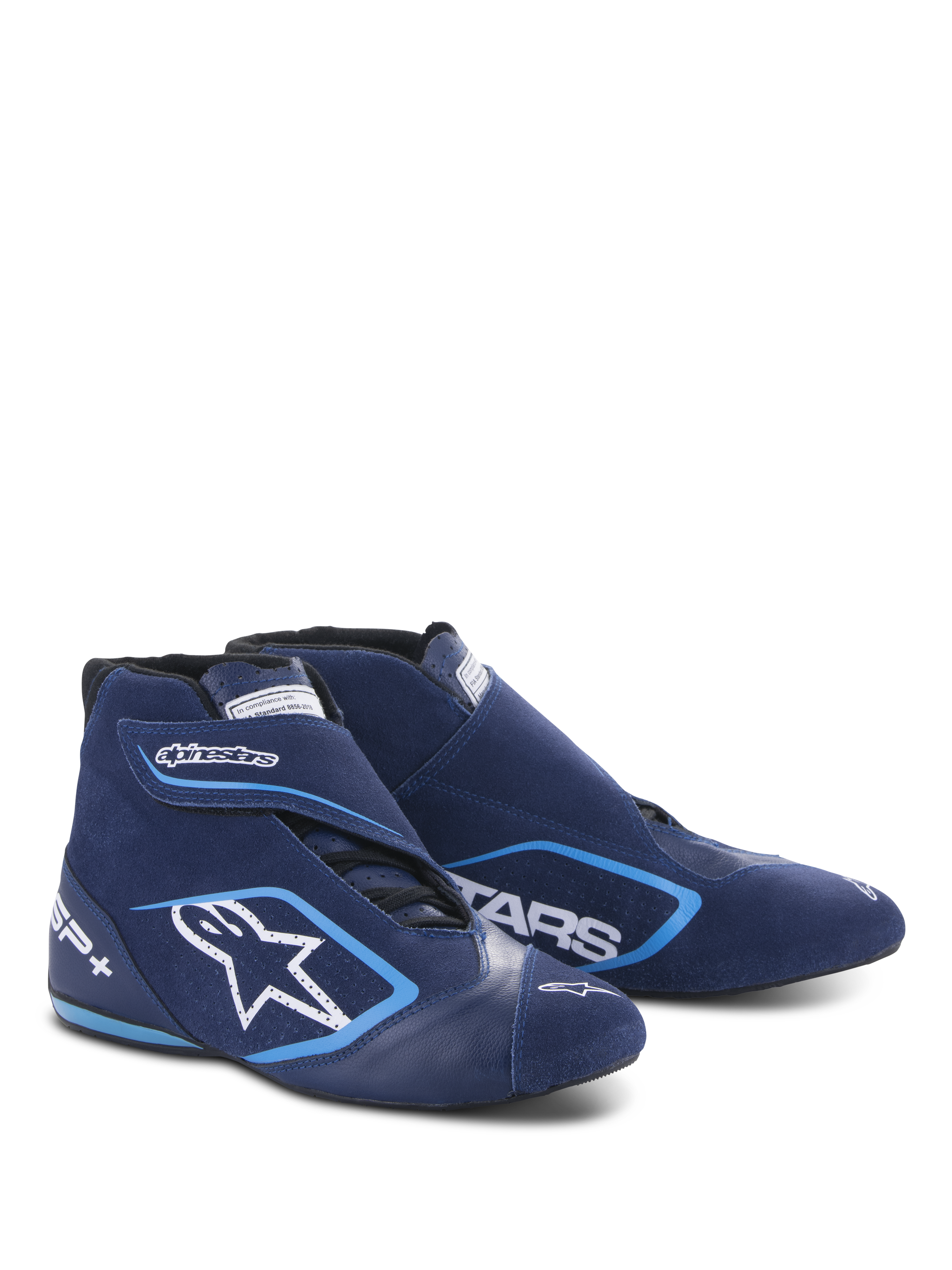 Alpinestars SP+ Shoes N, zapatos de carreras para automovilismo, azul ultramar y azul claro, diseño de caña alta con construcción de ante y cuero, con un gran logotipo de estrella blanca y marca SP+, forma aerodinámica para el automovilismo profesional