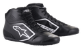 Alpinestars Tech-1 K Start V2 Shoes, Karting Racing Shoes, Black with white Alpinestars logo, high-top design featuring perforated microfiber panels and flat racing soles, sleek motorsport-inspired look