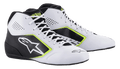 Zapatillas Alpinestars Tech-1 K Start V2, calzado de karting, blanco, negro y amarillo flúor, con paneles laterales perforados, logotipo de estrella blanca grande y detalles en amarillo neón, calzado profesional para automovilismo