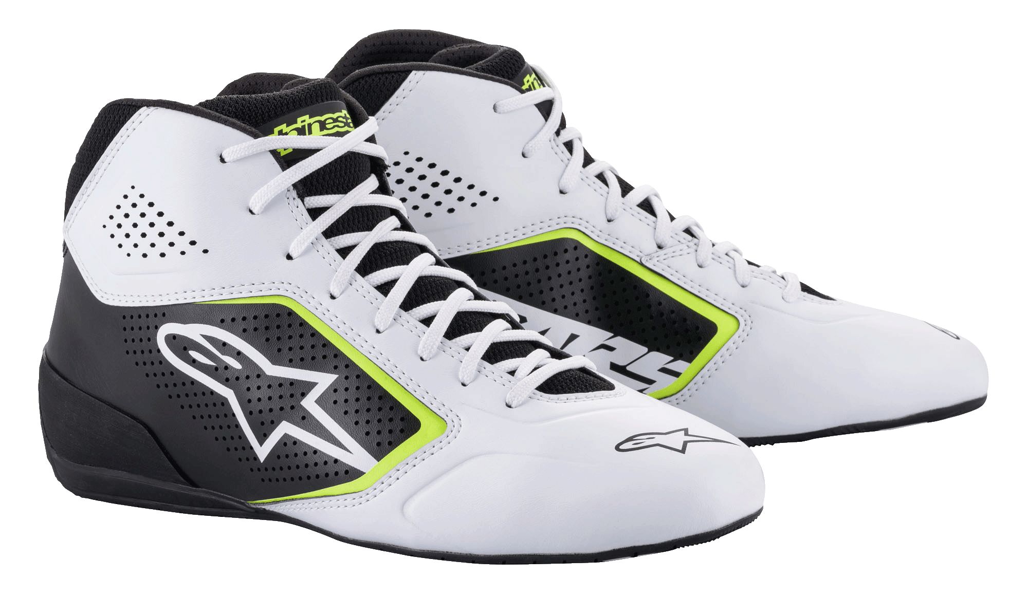 Zapatillas Alpinestars Tech-1 K Start V2, calzado de karting, blanco, negro y amarillo flúor, con paneles laterales perforados, logotipo de estrella blanca grande y detalles en amarillo neón, calzado profesional para automovilismo