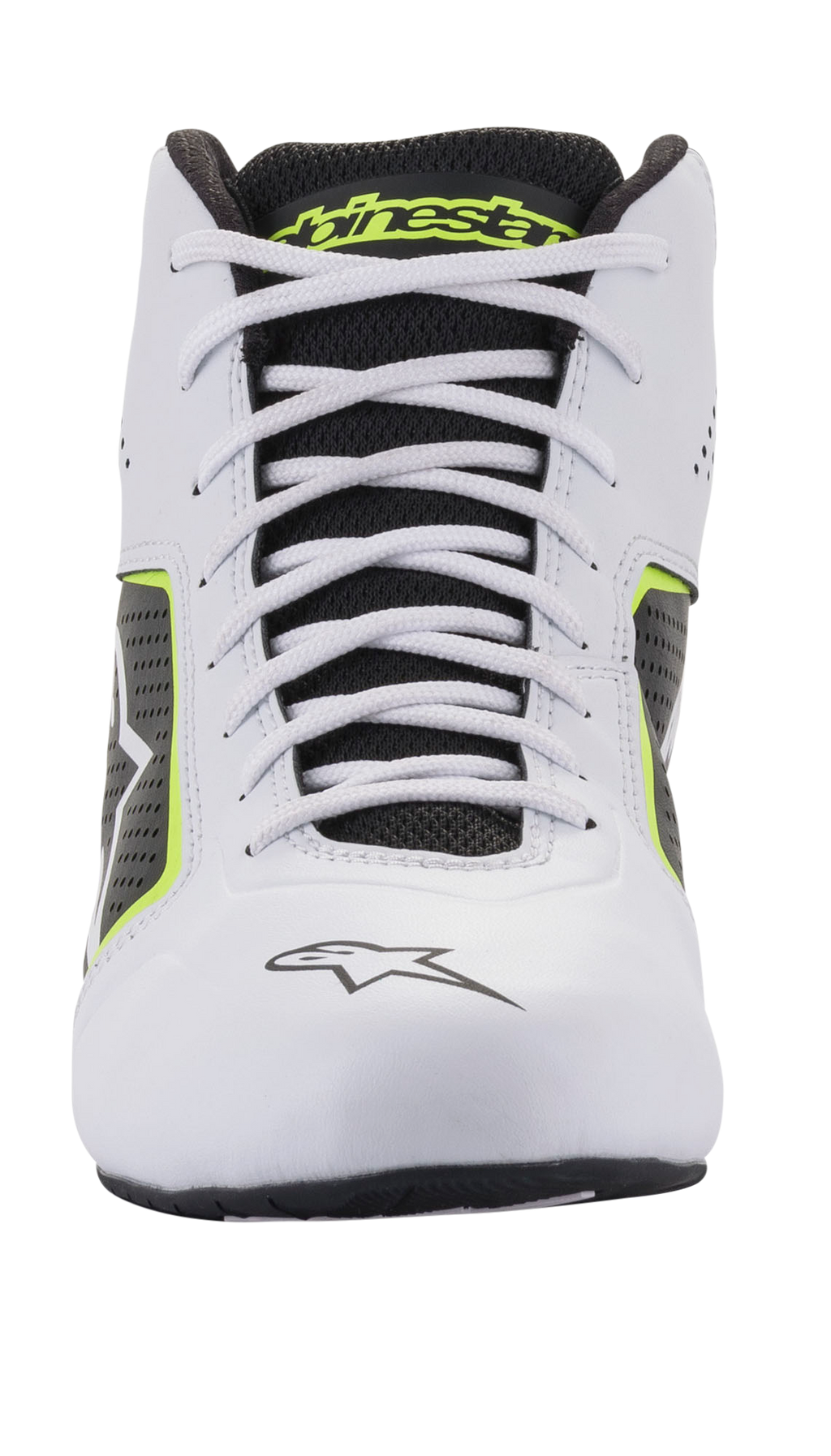 Alpinestars Tech-1 K Start V2 Shoes, zapatillas de karting, blanco, negro y amarillo flúor, vista frontal con cordones blancos, lengüeta de malla negra con logotipo amarillo y confección de microfibra blanca con paneles laterales perforados.