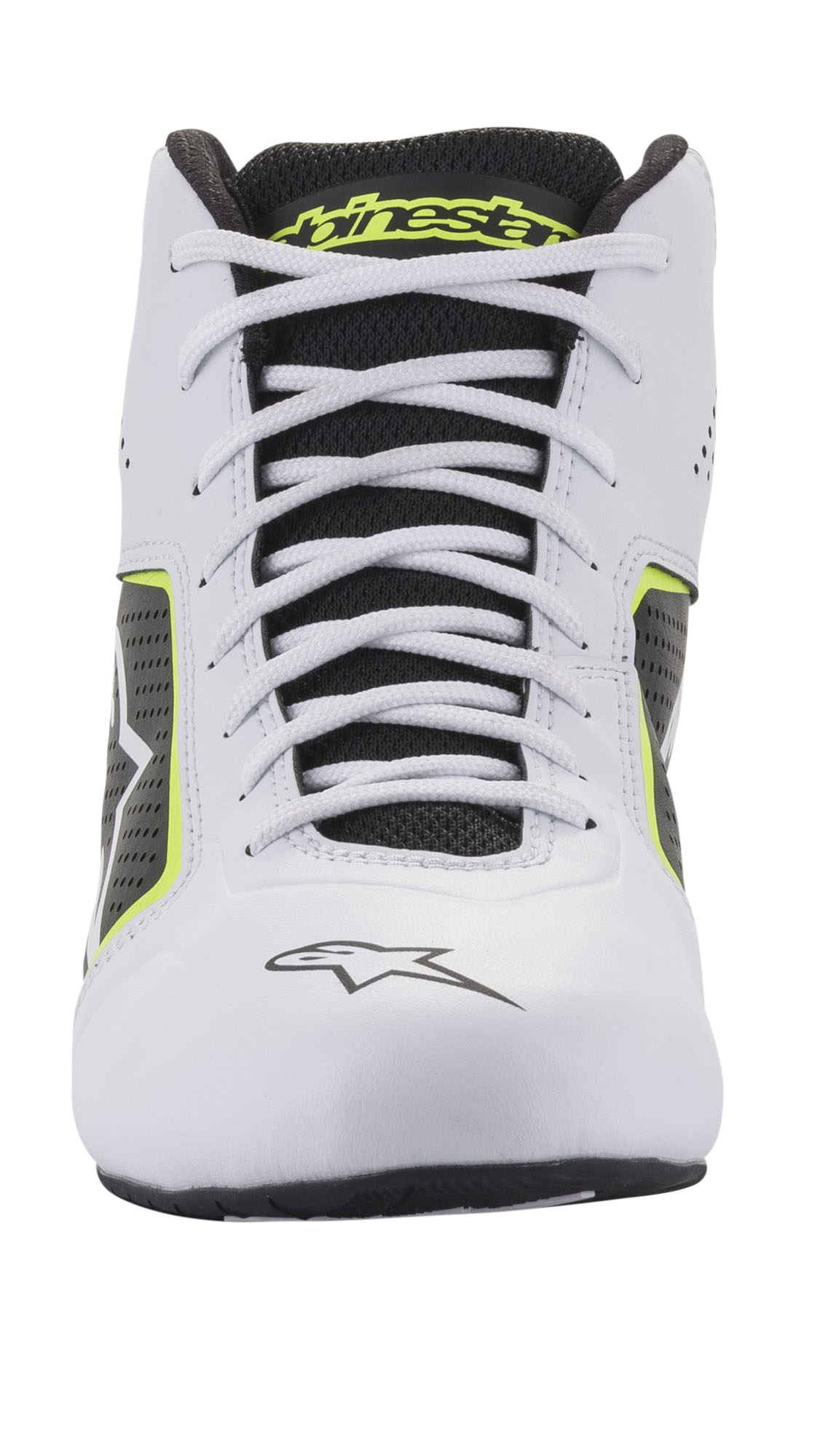 Alpinestars Tech-1 K Start V2 Shoes, zapatillas de karting, blanco, negro y amarillo flúor, vista frontal con cordones blancos, lengüeta de malla negra con logotipo amarillo y confección de microfibra blanca con paneles laterales perforados.