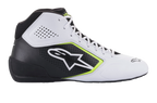 Zapatillas Alpinestars Tech-1 K Start V2, zapatillas de karting, blanco, negro y amarillo flúor, perfil lateral con paneles de microfibra perforada, logotipo de Alpinestars blanco con borde amarillo fluorescente, diseño deportivo elegante para karting