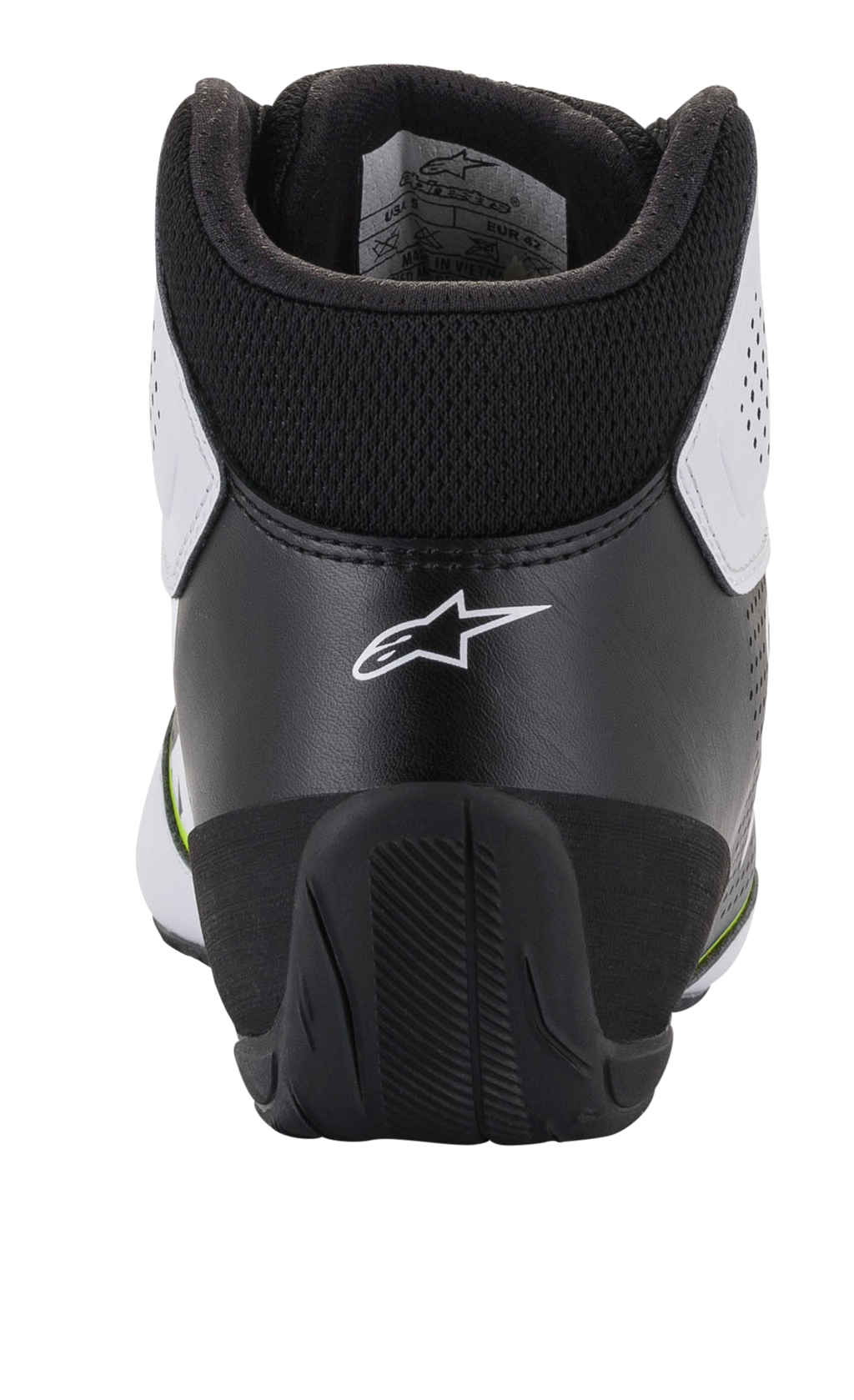Zapatillas Alpinestars Tech-1 K Start V2, zapatillas de karting, blanco, negro y amarillo fluo, vista trasera que muestra el contrafuerte ergonómico negro con el logotipo de la estrella blanca, cuello acolchado y suela de goma duradera para rendimiento en deportes de motor