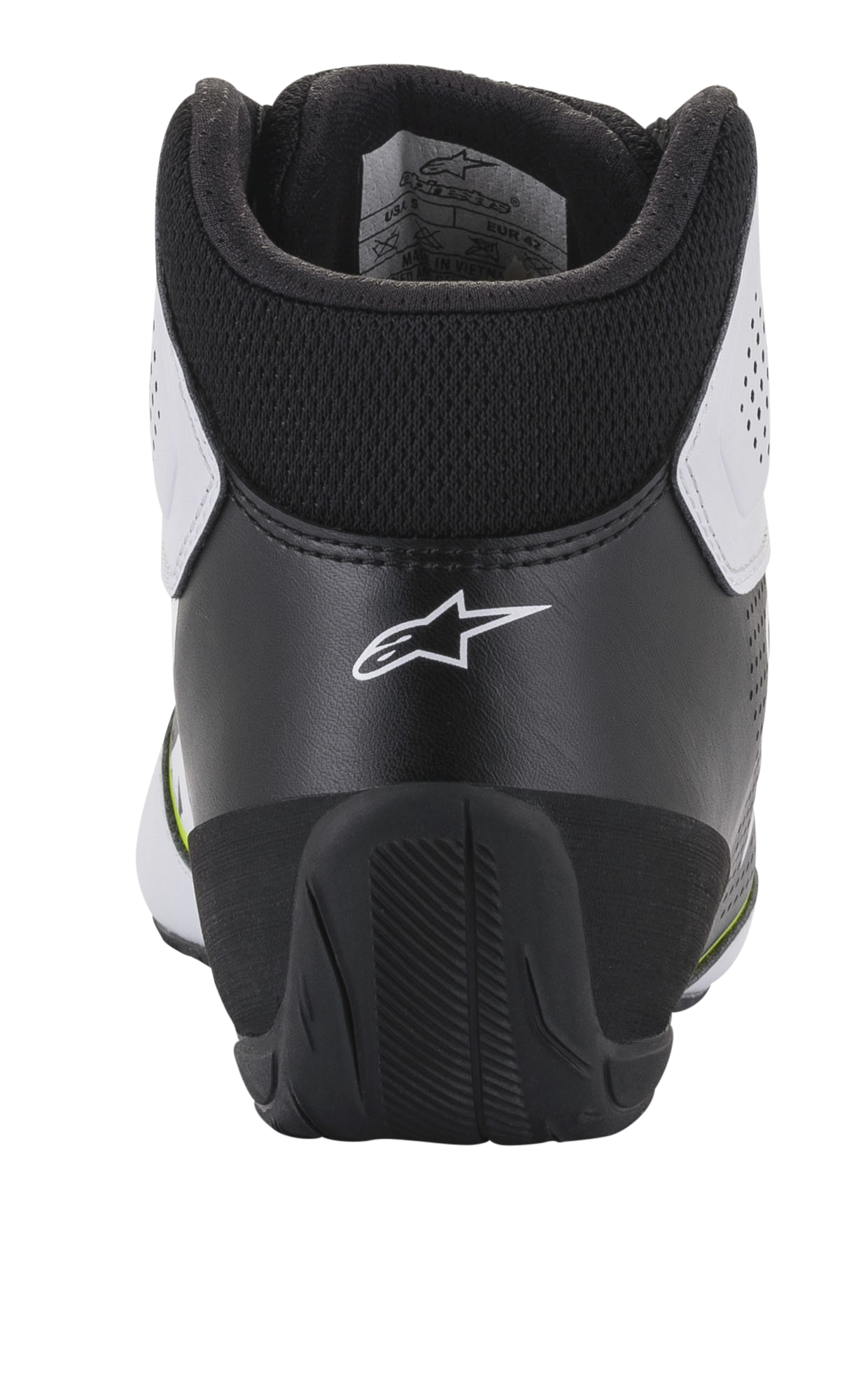 Zapatillas Alpinestars Tech-1 K Start V2, zapatillas de karting, blanco, negro y amarillo fluo, vista trasera que muestra el contrafuerte ergonómico negro con el logotipo de la estrella blanca, cuello acolchado y suela de goma duradera para rendimiento en deportes de motor