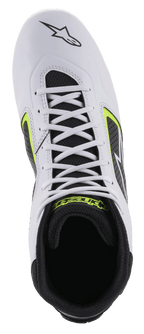 Alpinestars Tech-1 K Start V2 Shoes, zapatos de karting, blanco, negro y amarillo fluo, vista desde arriba que muestra la parte superior de microfibra blanca, cordones blancos e interior de malla negra con logotipos amarillos