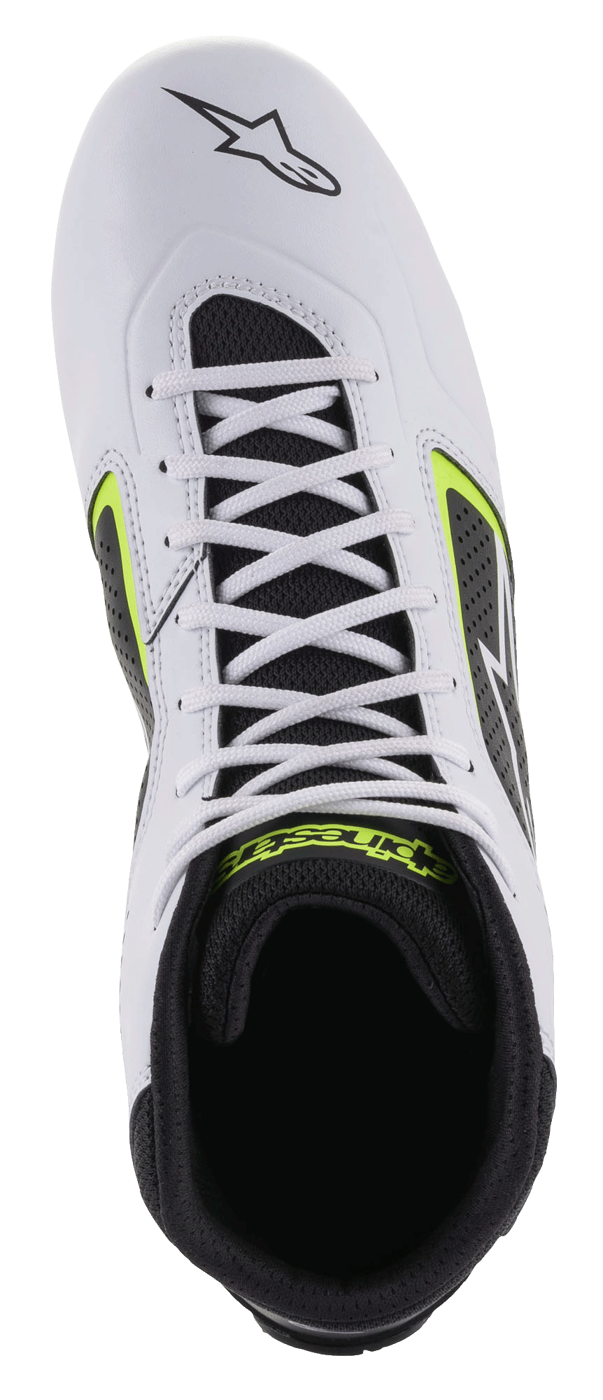 Alpinestars Tech-1 K Start V2 Shoes, zapatos de karting, blanco, negro y amarillo fluo, vista desde arriba que muestra la parte superior de microfibra blanca, cordones blancos e interior de malla negra con logotipos amarillos