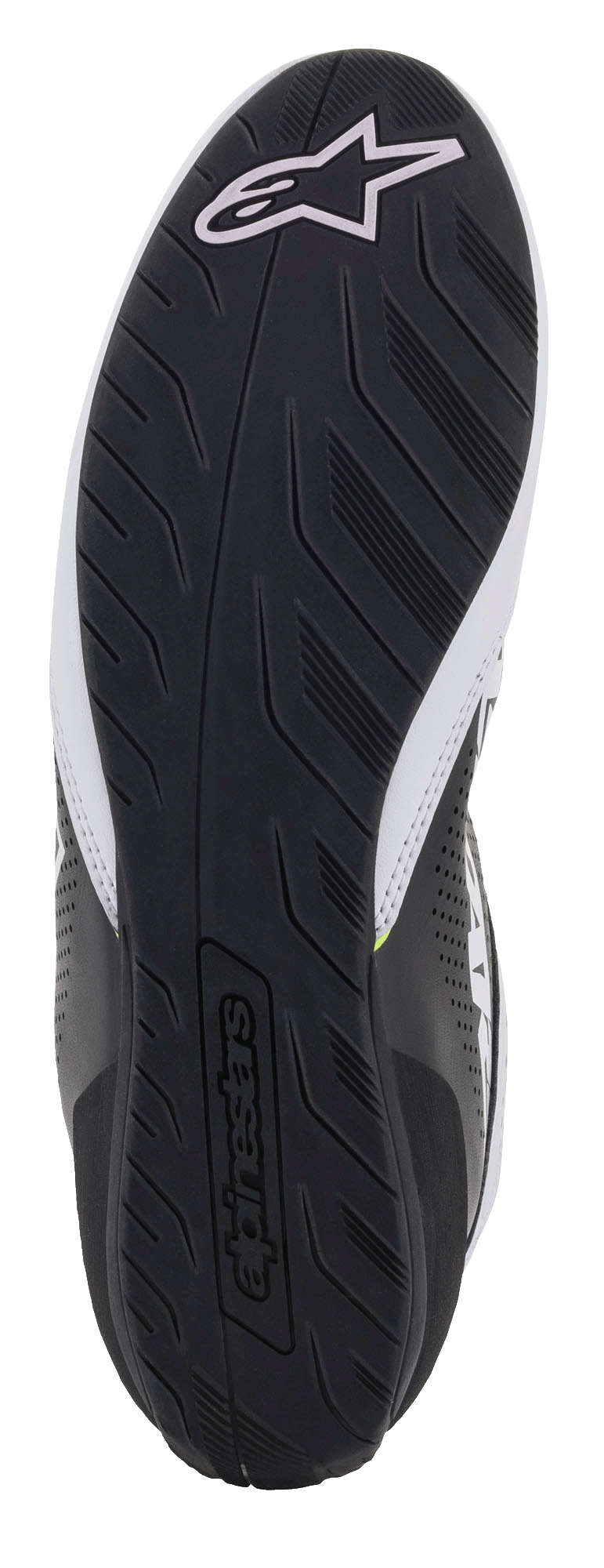 Alpinestars Tech-1 K Start V2 Shoes, vista de la suela de goma negra, patrón de dibujo texturizado para agarre, con logotipo de Alpinestars blanco y marca denominativa en relieve, calzado para karting.