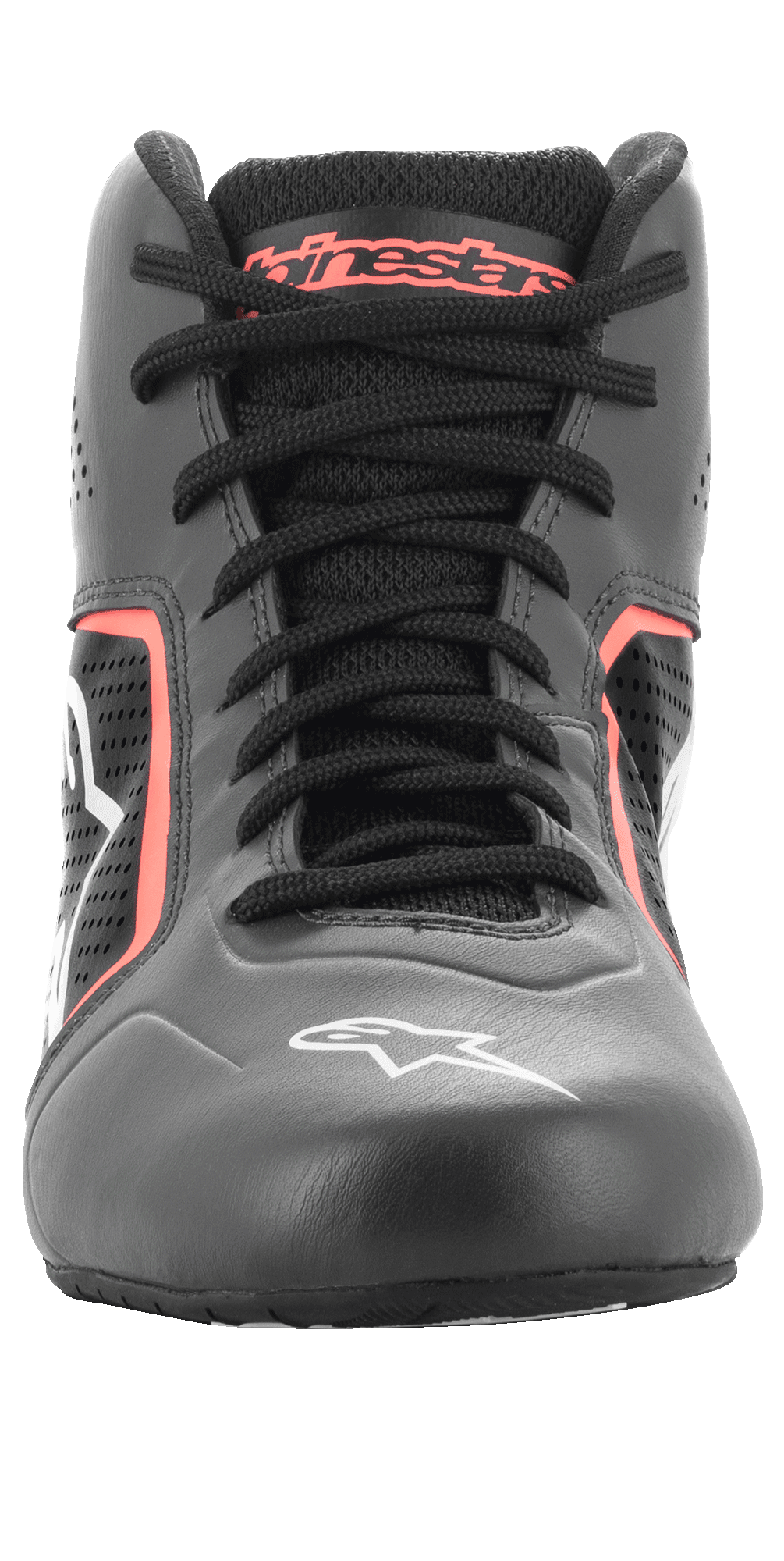 Zapatos Alpinestars Tech-1 K Start V2, zapatillas de karting, color negro asfalto y naranja flúor, vista frontal que muestra cordones negros, marca Alpinestars naranja en la lengüeta, logotipo de estrella blanca en la puntera y paneles de microfibra perforada