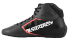 Zapatillas Alpinestars Tech-1 K Start V2, zapatillas de karting, negro asfalto y naranja flúor, perfil lateral con gran logotipo ASTARS blanco, parte superior de microfibra perforada con detalles en naranja flúor, diseño elegante de automovilismo