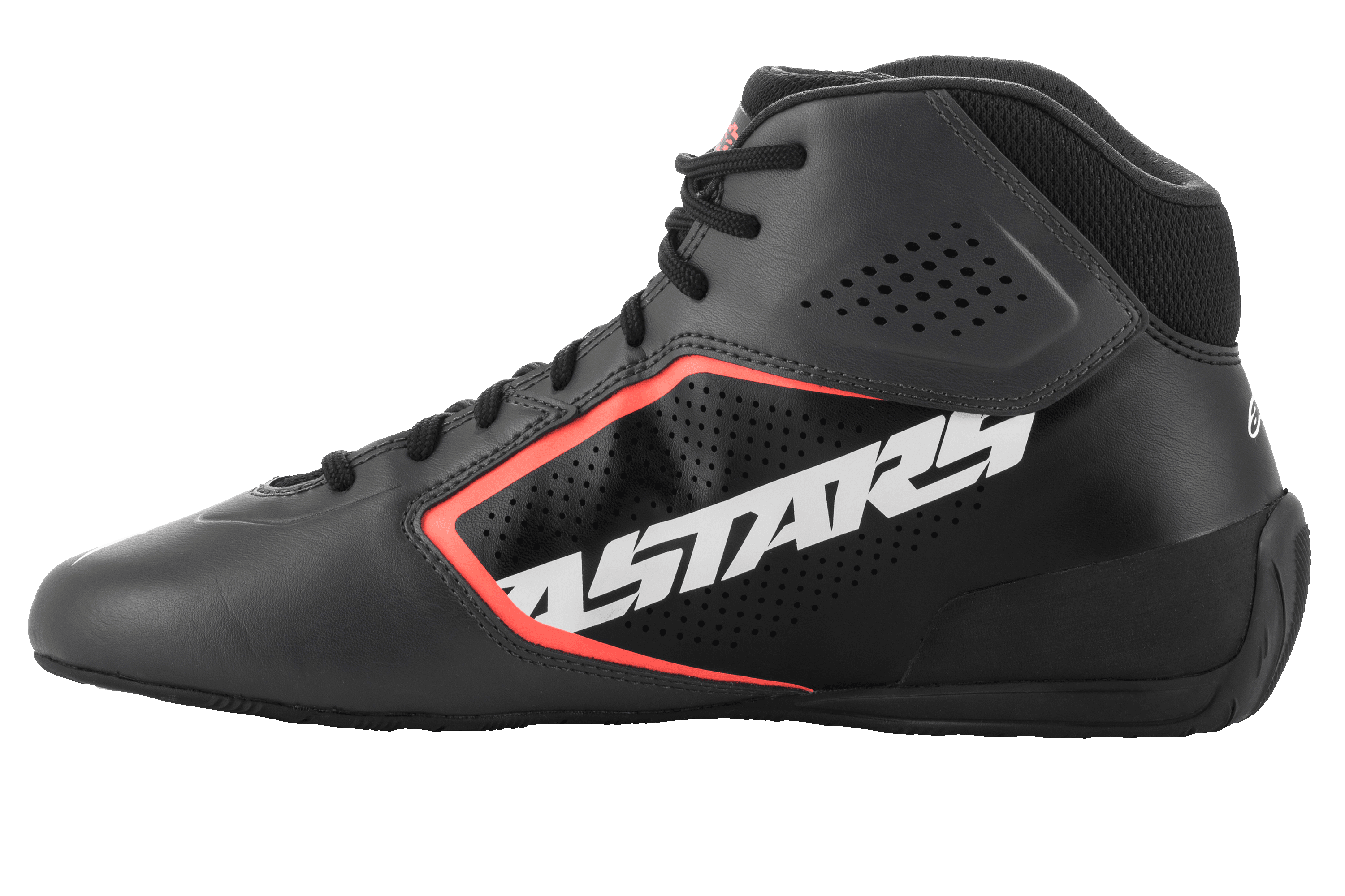 Zapatillas Alpinestars Tech-1 K Start V2, zapatillas de karting, negro asfalto y naranja flúor, perfil lateral con gran logotipo ASTARS blanco, parte superior de microfibra perforada con detalles en naranja flúor, diseño elegante de automovilismo