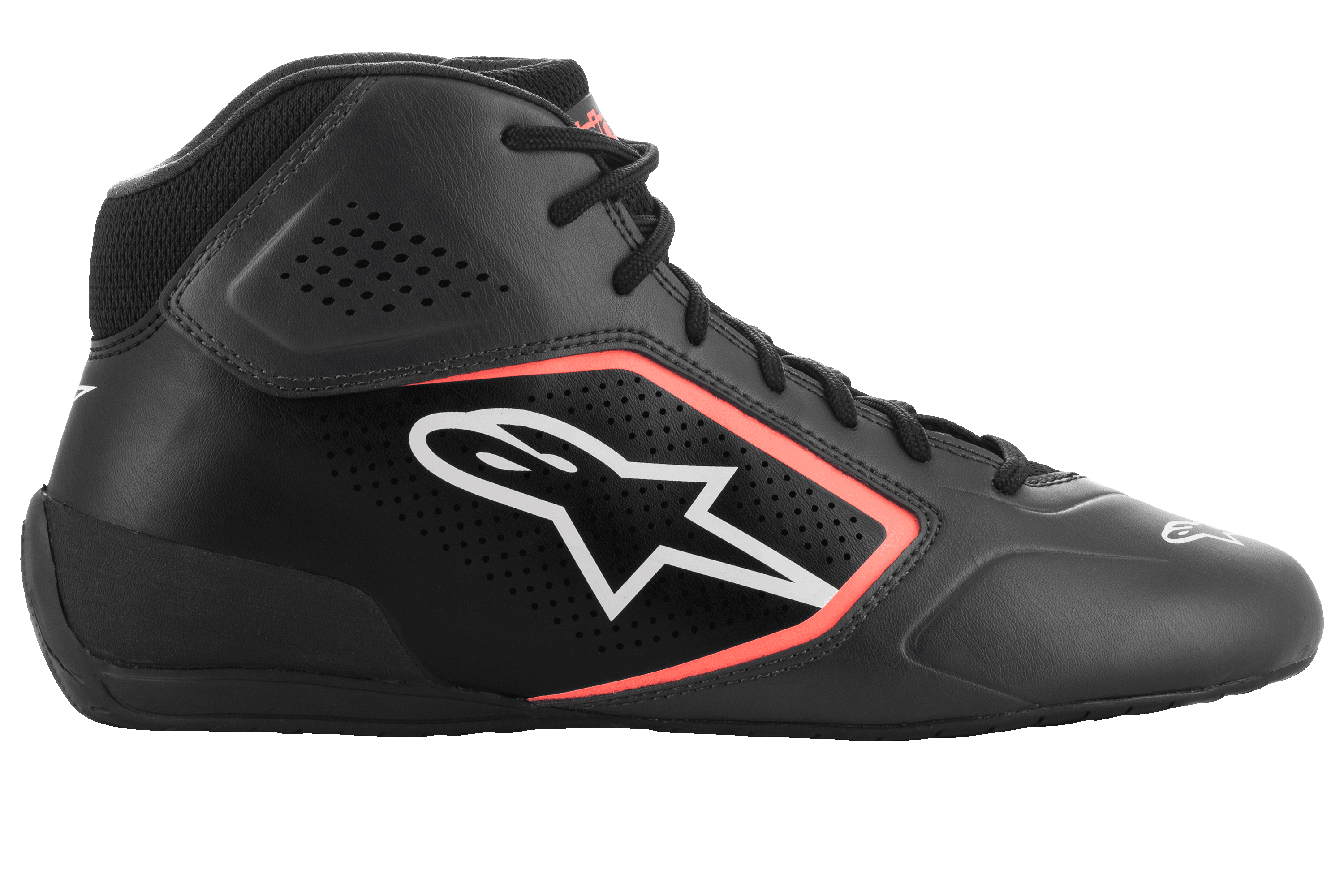 Alpinestars Tech-1 K Start V2 Shoes, zapatillas de karting, negro asfalto y naranja flúor, perfil lateral con parte superior de microfibra con perforaciones láser, logotipo de Alpinestars blanco con contorno naranja y cordones negros