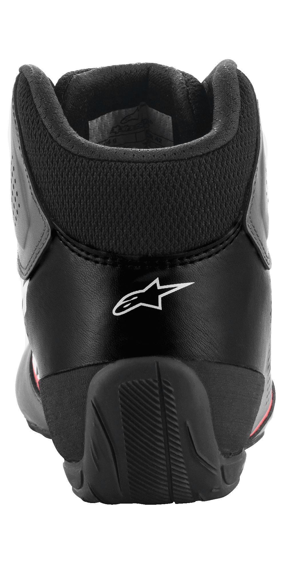 Zapatillas Alpinestars Tech-1 K Start V2, zapatillas de karting, negro asfalto y naranja flúor, vista posterior que muestra el logotipo blanco de Alpinestars, cuello de Aquiles de malla y contrafuerte de talón de caucho reforzado para mayor estabilidad